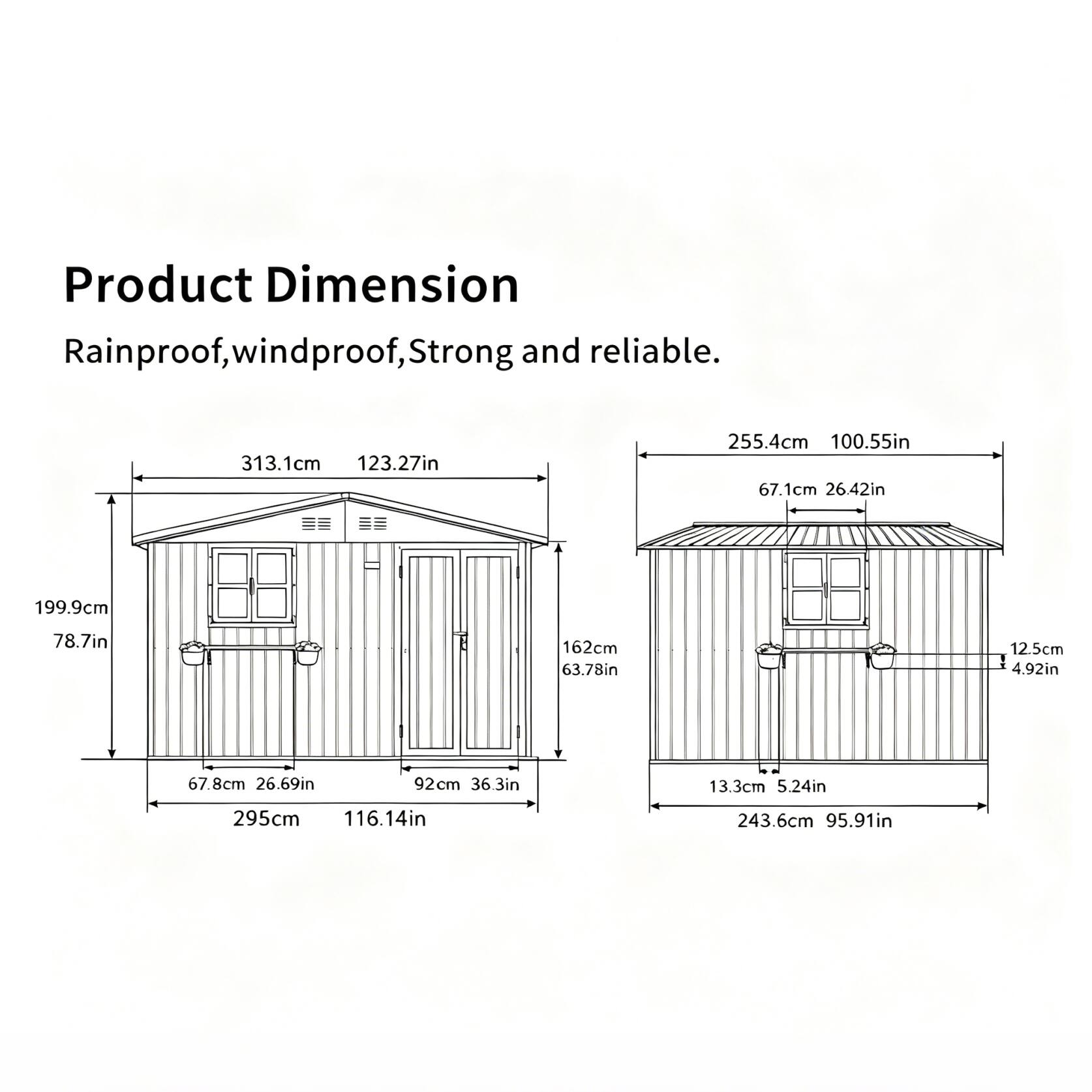 Product Dimension  
Rainproof, windproof, Strong and reliable.  

- 313.1cm 123.27in  
- 255.4cm 100.55in  
- 67.1cm 26.42in  
- 199.9cm 78.7in  
- 162cm 63.78in  
- 12.5cm 4.92in  
- 67.8cm 26.69in  
- 92cm 36.3in  
- 13.3cm 5.24in  
- 295cm 116.14in  
- 243.6cm 95.91in
