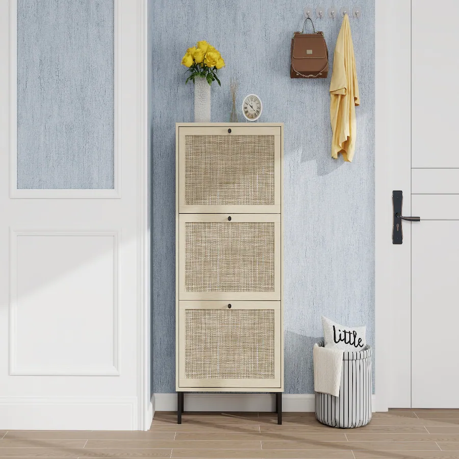 Loheer Rattan 3 Door Shoe Rack, Freestanding Modern Shoe Storage ...