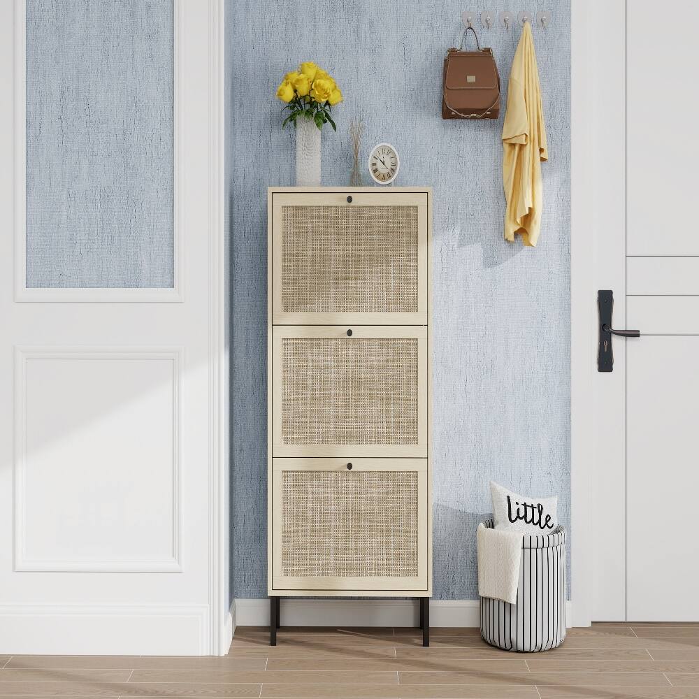 Loheer Rattan 3 Door Shoe Rack, Freestanding Modern Shoe Storage ...