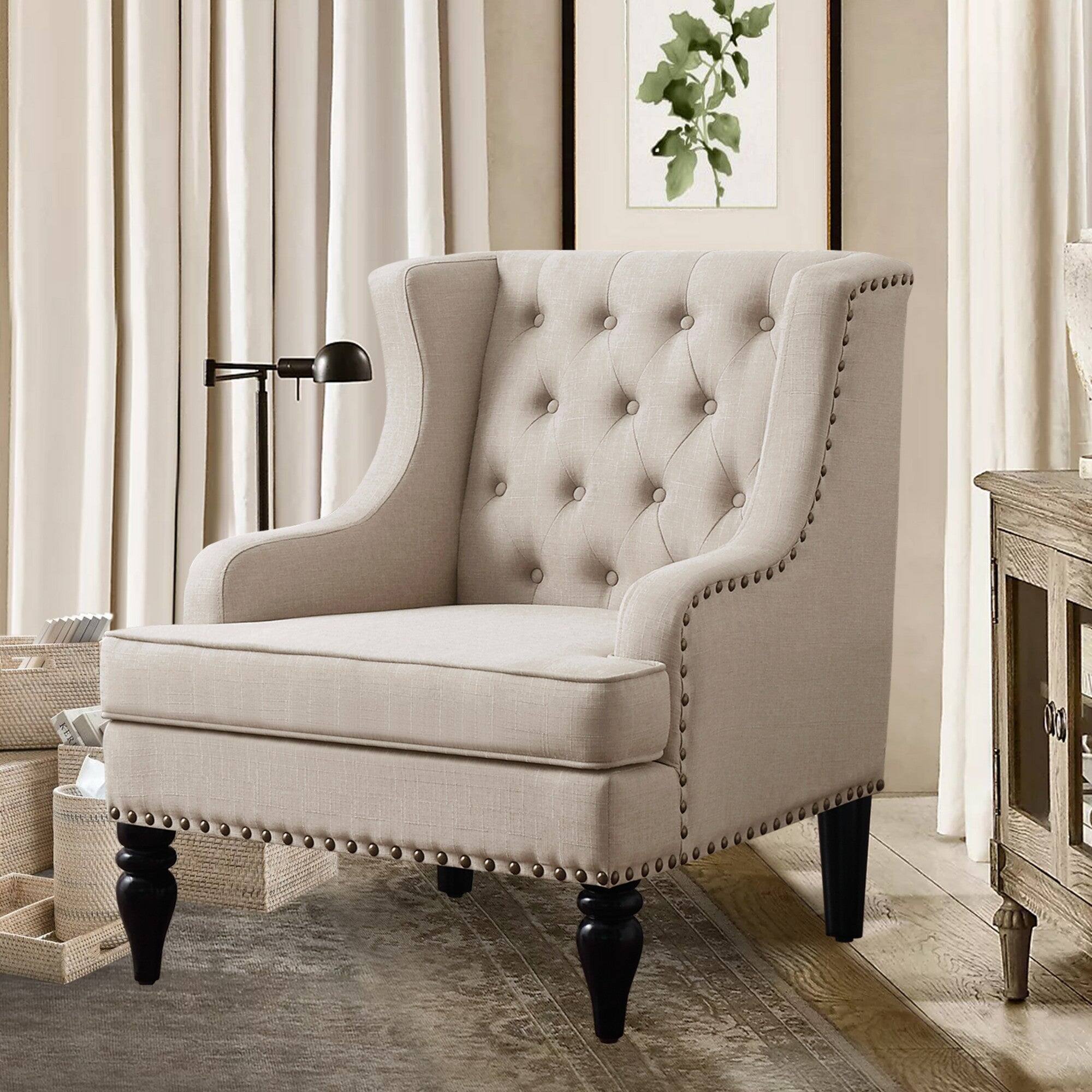 Alt View 6. Boyel Living - Linen Button Tufted Accent Chair with Nailhead Trim and Solid Wood Legs - Beige.