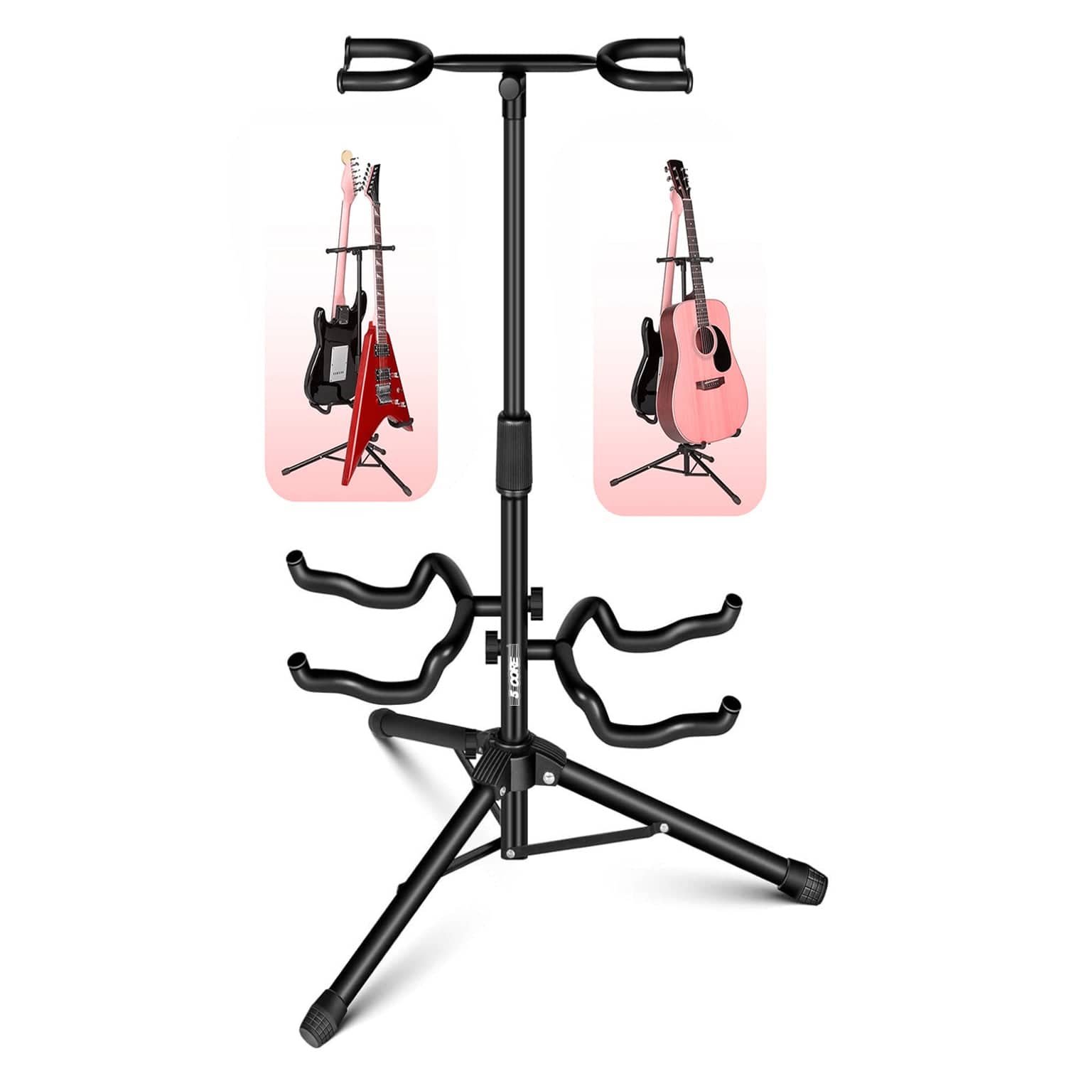 Front. 5 CORE - Guitar Stand Adjustable Double Guitars Stands Floor w Neck Holder for Acoustic Electric Bass - Black.