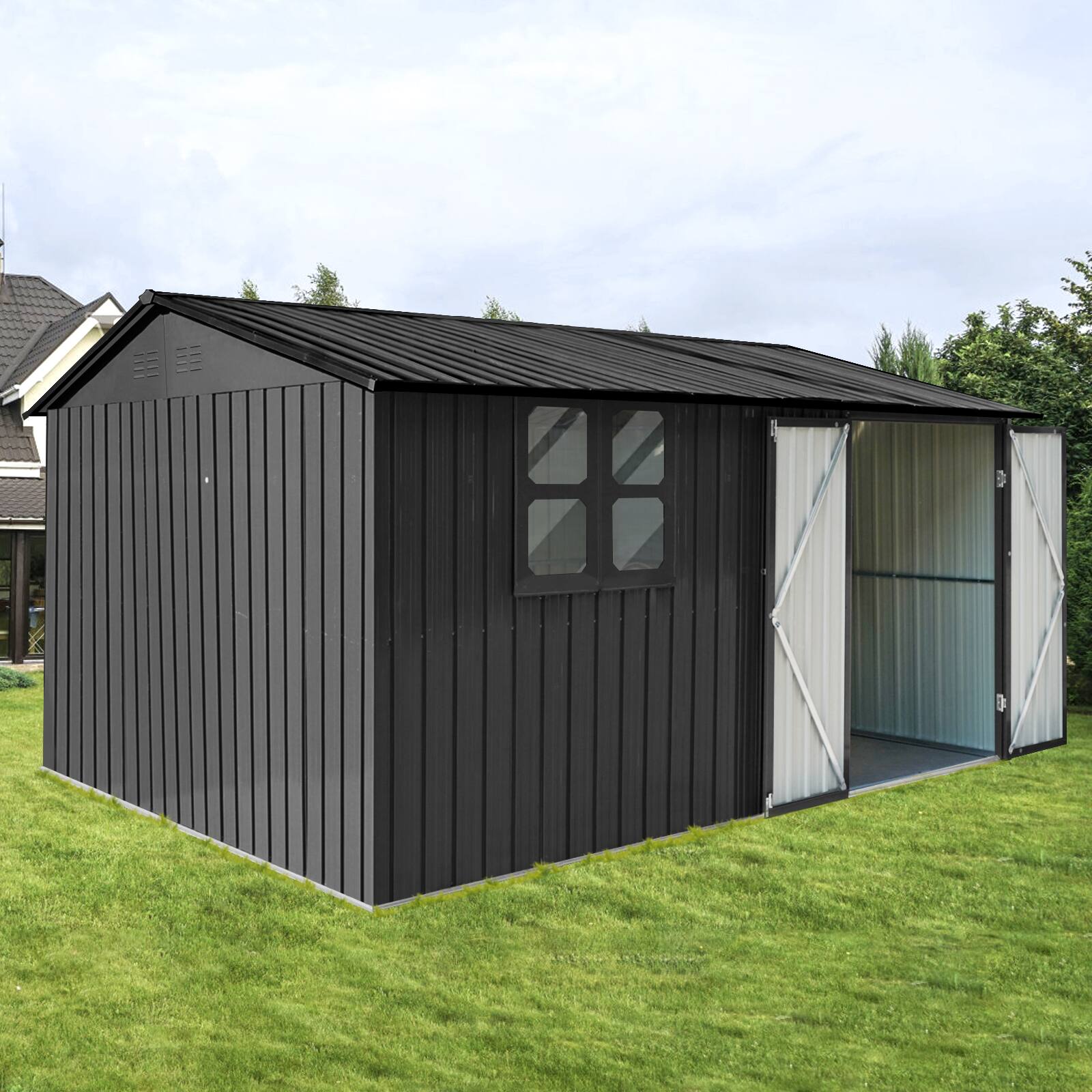 Left. Mondawe - 12x10 Ft Metal Garden Sheds with Window - Black.