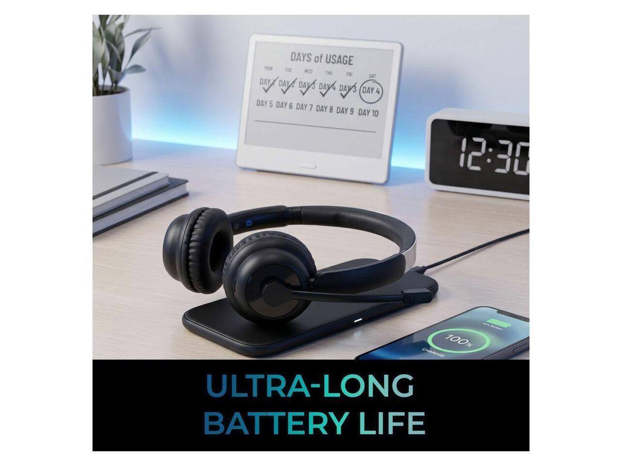 DAYS of USAGE  
MON TUE WED THU FRI SAT  
DAY 1 DAY 2 DAY 3 DAY 4 DAY 5 DAY 6 DAY 7 DAY 8 DAY 9 DAY 10  

12:30  

100%  

ULTRA-LONG BATTERY LIFE