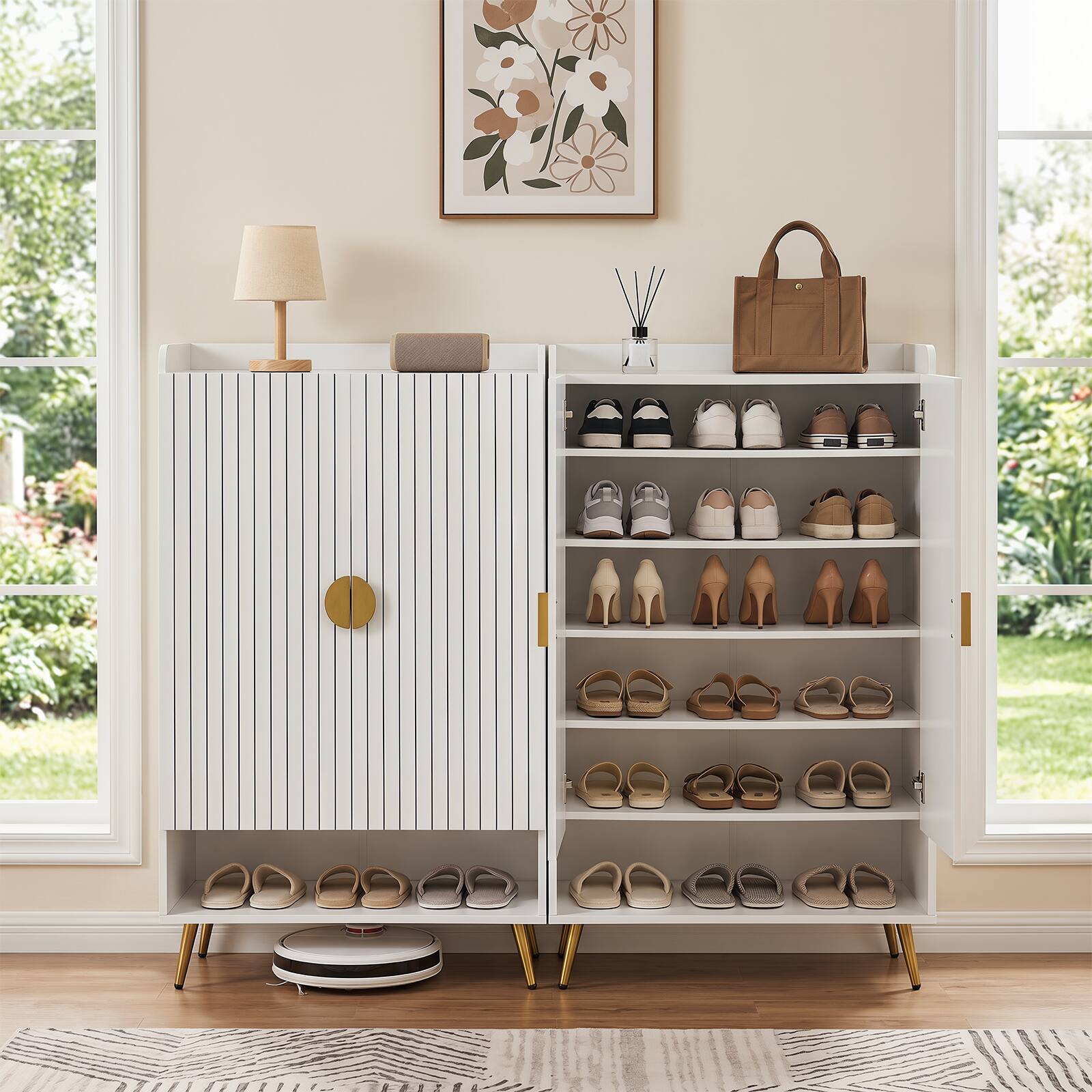 Alt View 4. Costway - Costway 44" 7-Tier Tall Shoe Storage Cabinet with Doors, Adjustable Shelves & Metal Legs - White.