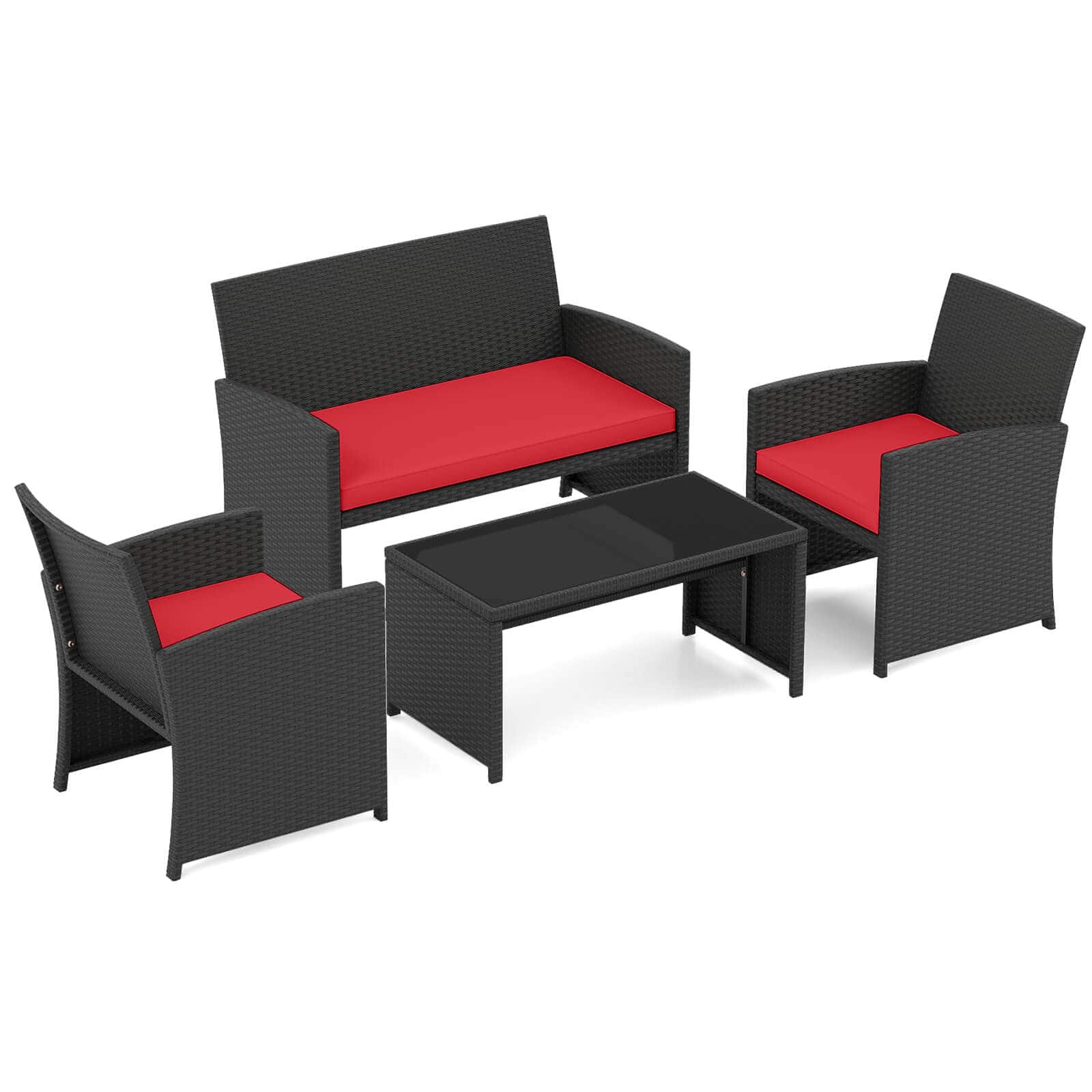 Costway - 4 PCS Patio Conversation Set with Seat Cushions & Tempered Glass Tabletop, Porch - Red+Black price history on PriceWatchPro
