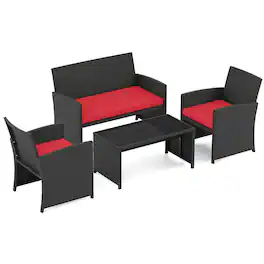 Costway - 4 PCS Patio Conversation Set with Seat Cushions & Tempered Glass Tabletop, Porch - Red+Black