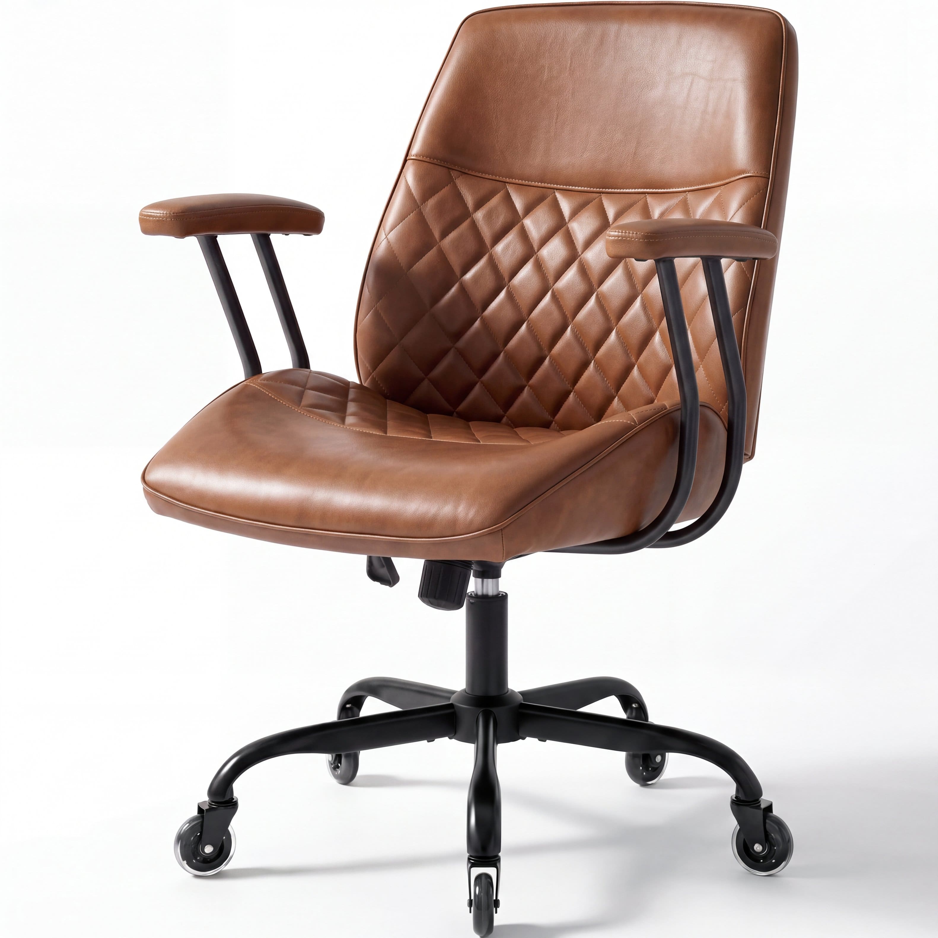 Front. Celtoss - Ergonomic Faux Leather Office Chair, Mid-Century Desk Chair, Tilting, Roller Blade Wheels - Brown.
