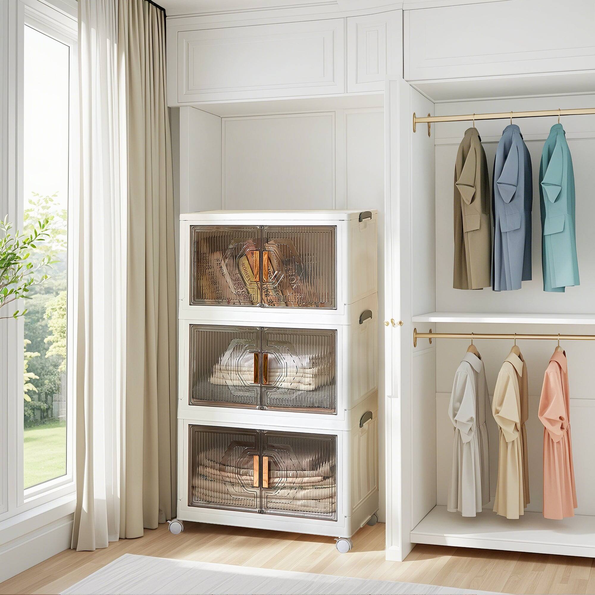 Back. Vecelo - Stackable Storage Bins with Wheels-60Qt(Single layer) Foldable Storage Cabinet with Doors, 3-Tier Collapsible Organizer - White.