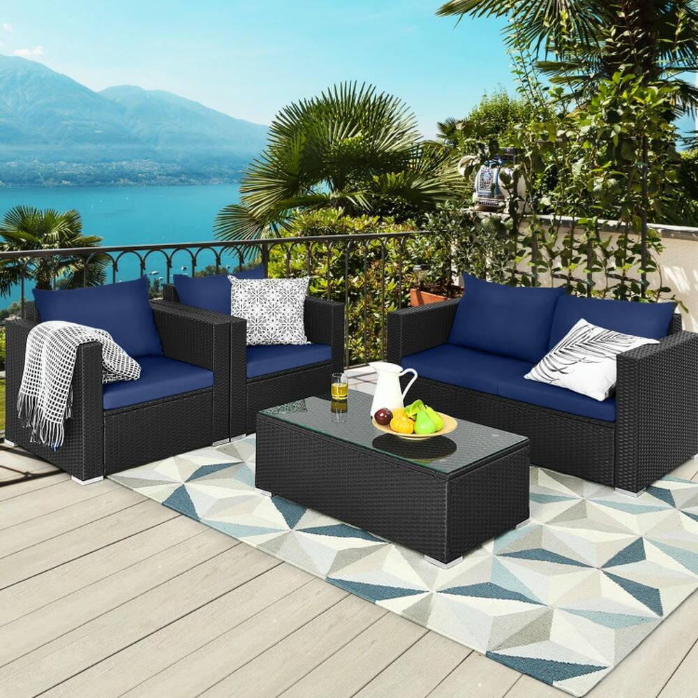 Alt View 2. Kadyn - Patio Furniture Sets,Outdoor & Patio Furniture Sets,4 Pieces Patio Rattan Conversation Set with Padded Cushions-Navy - Blue.