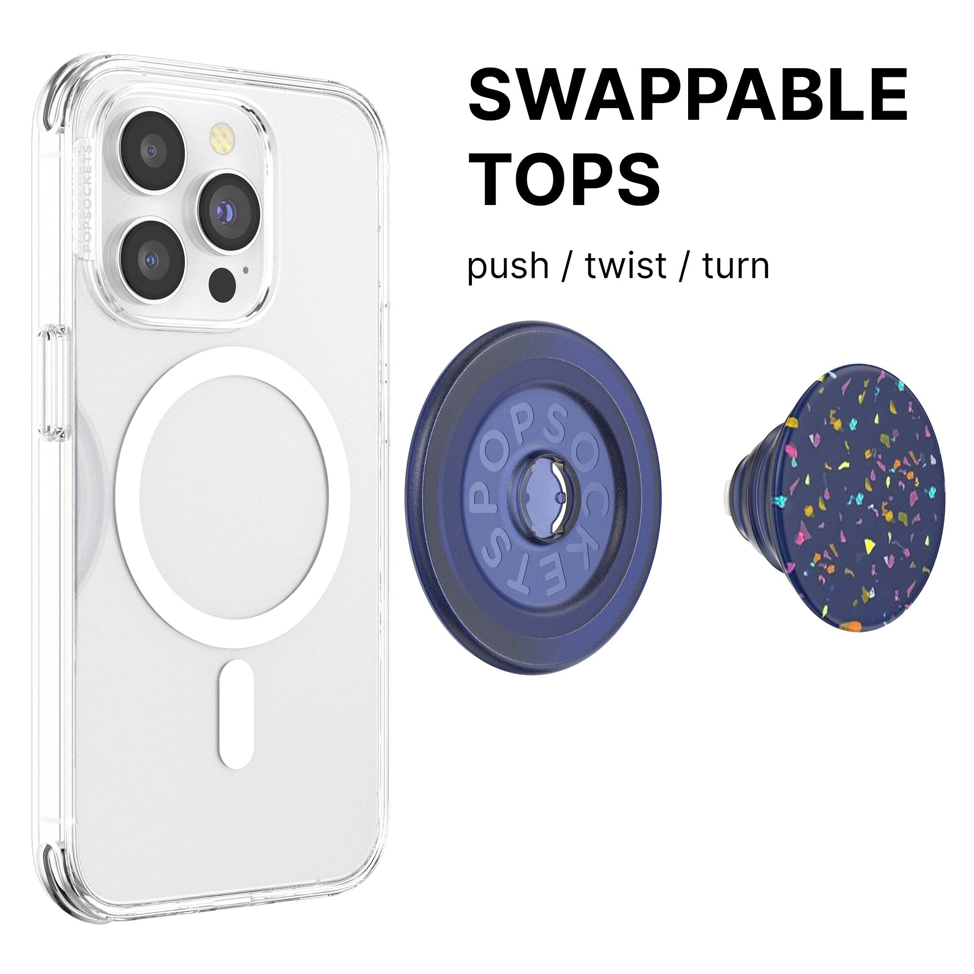 The text on the image reads "SWAPPABLE TOPS push / twist / turn."