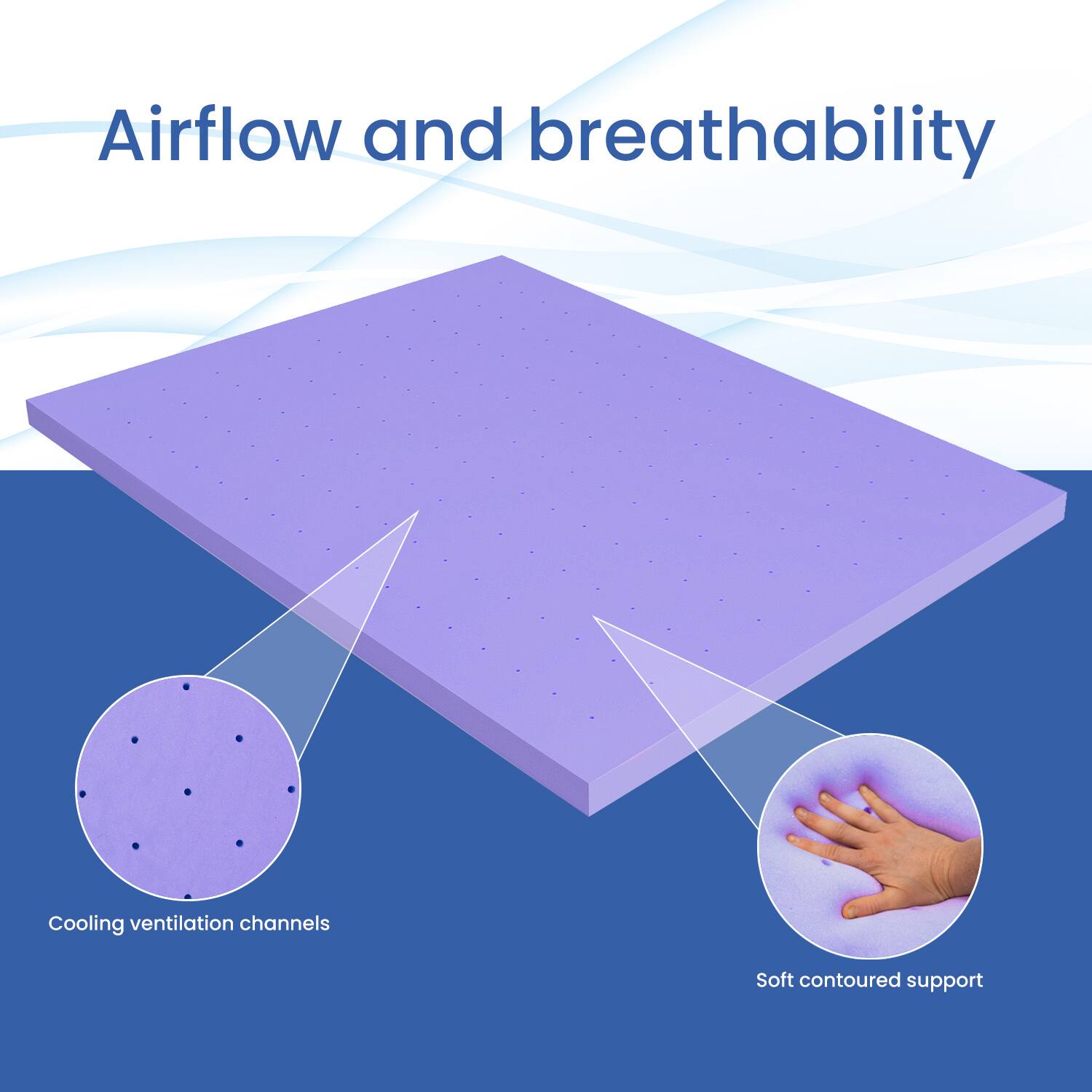 Airflow and breathability  
Cooling ventilation channels  
Soft contoured support