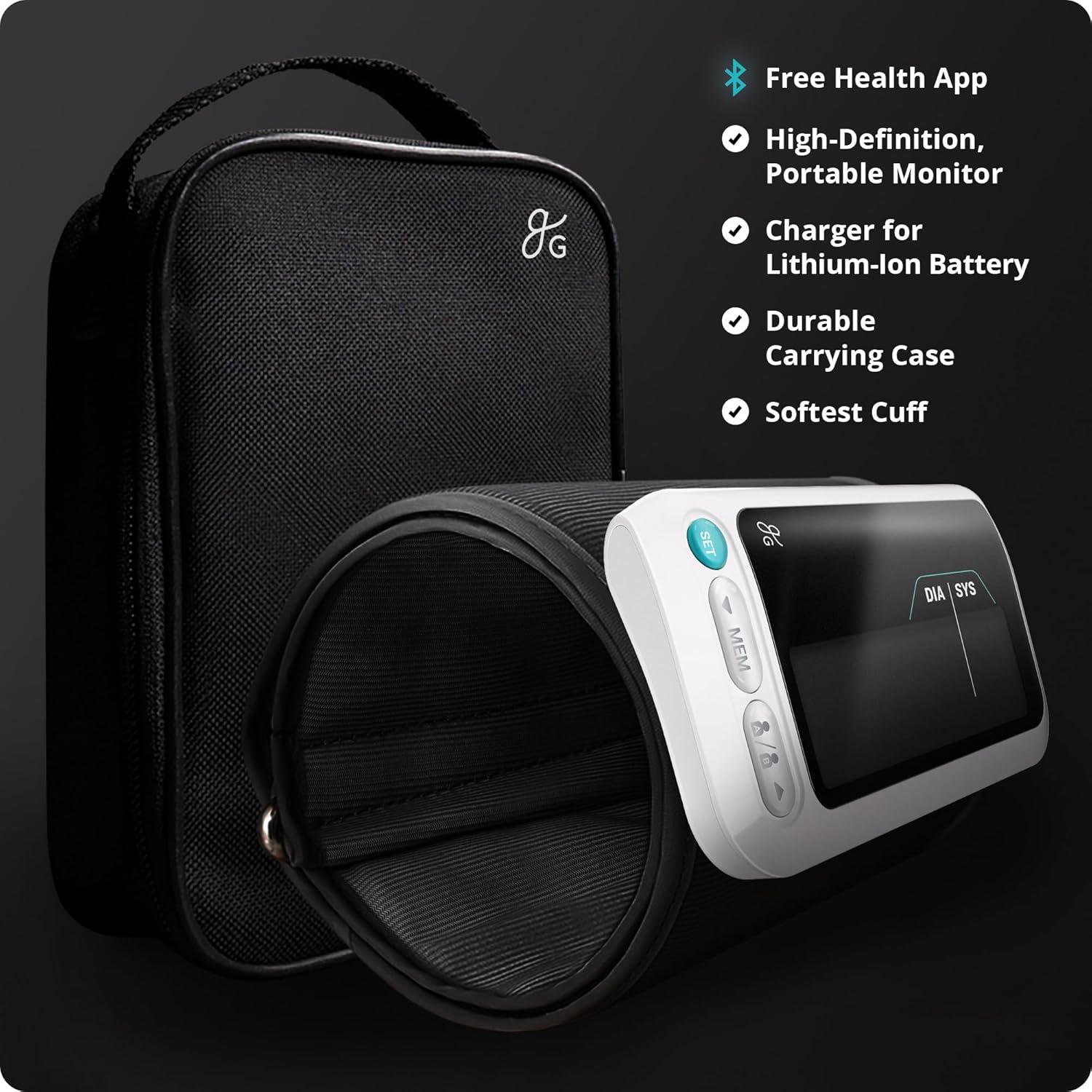 Free Health App  
High-Definition, Portable Monitor  
Charger for Lithium-Ion Battery  
Durable Carrying Case  
Softest Cuff  

SET 28 MEM DIA SYS
