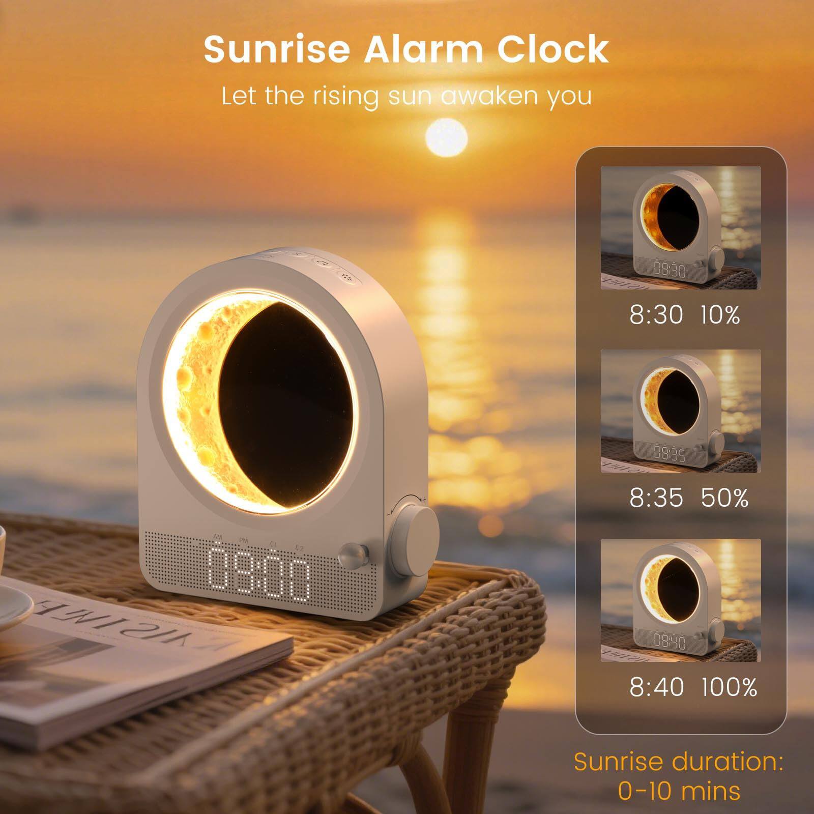 Sunrise Alarm Clock  
Let the rising sun awaken you  

08:30 8:30 10%  
08:35 8:35 50%  
08:40 8:40 100%  

Sunrise duration: 0-10 mins