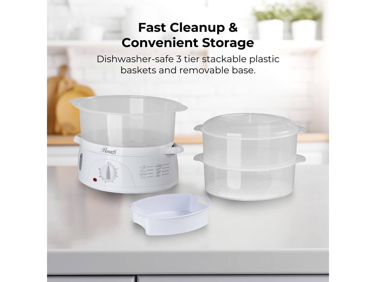 Fast Cleanup & Convenient Storage  
Dishwasher-safe 3 tier stackable plastic baskets and removable base.