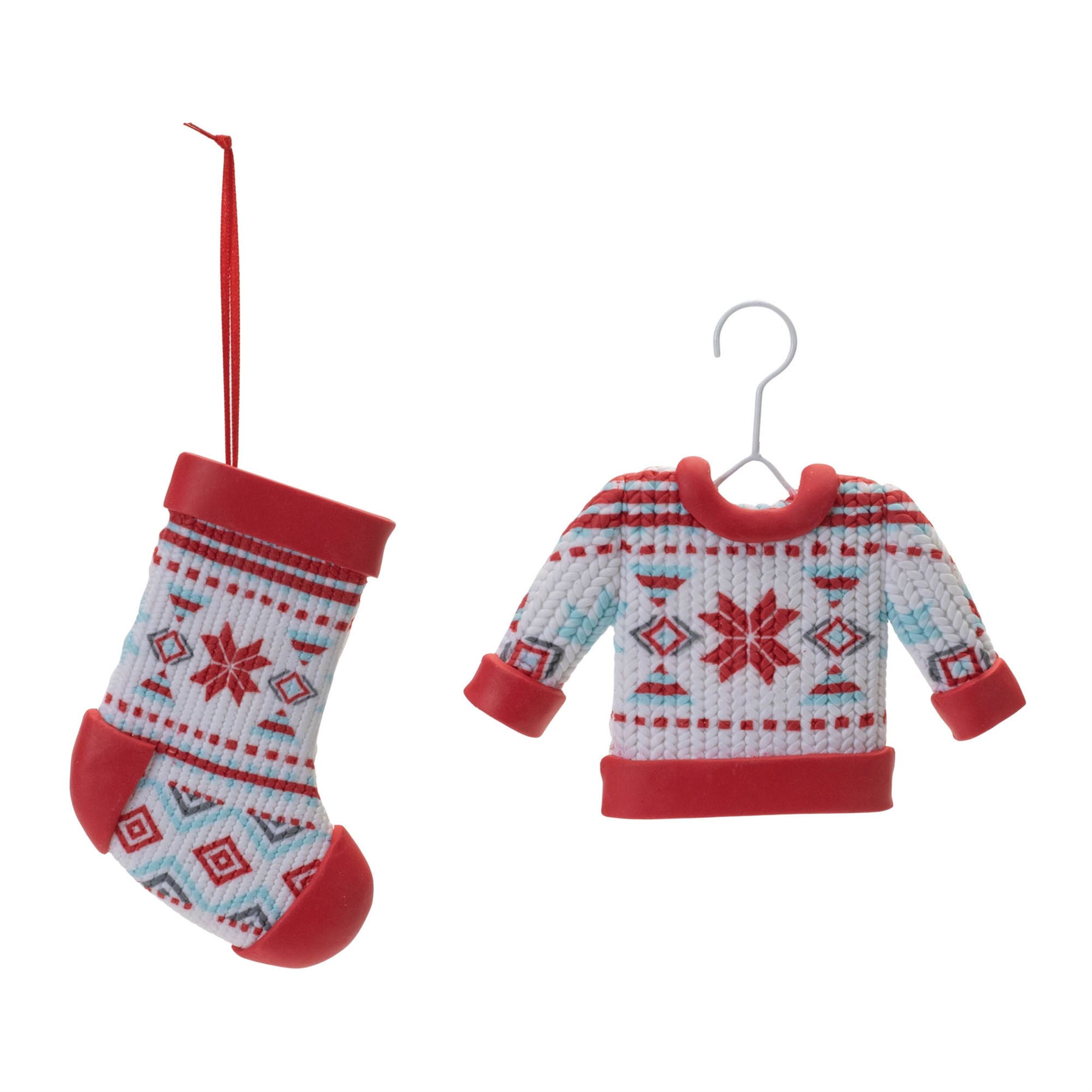 Angle. BreeBe - Nordic Stocking and Sweater Ornament (Set of 12) - Red, White.