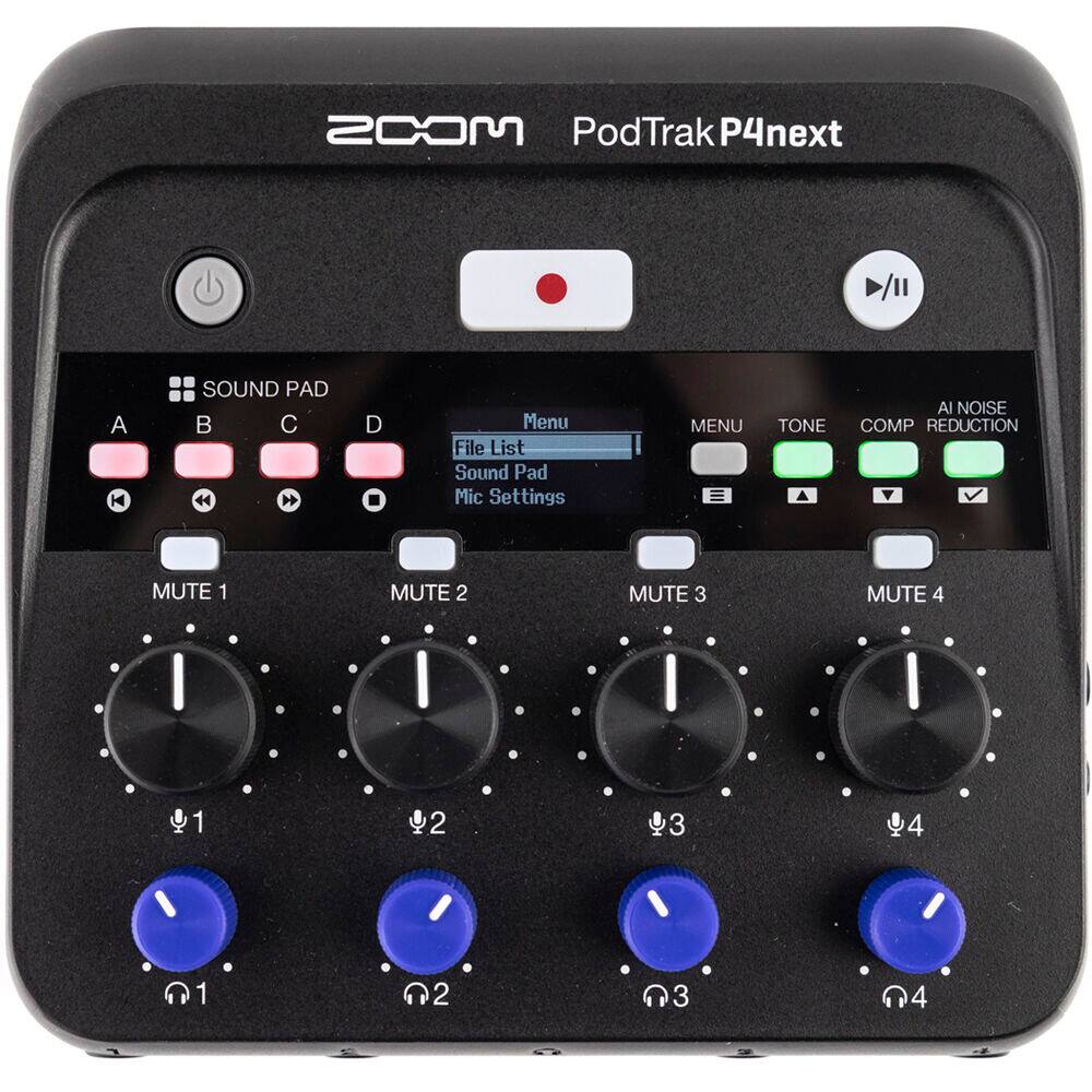 ZOOM PodTrak P4next

SOUND PAD
A B C D

Menu
File List
Sound Pad
Mic Settings

MENU TONE COMP REDUCTION
MUTE 1 MUTE 2 MUTE 3 MUTE 4

1 2 3 4
01 02 03 04