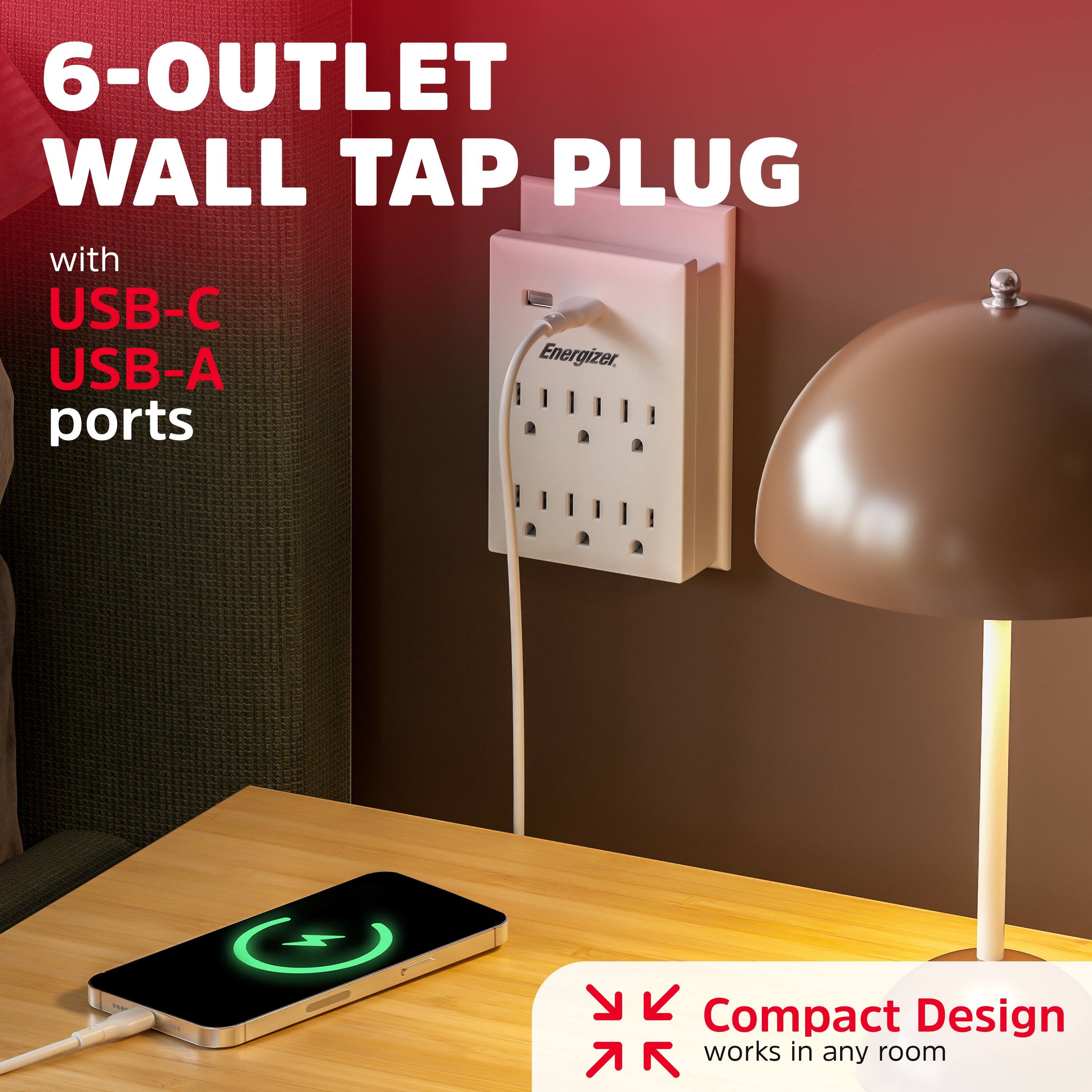 6-OUTLET WALL TAP PLUG  
with USB-C USB-A ports  
Compact Design works in any room