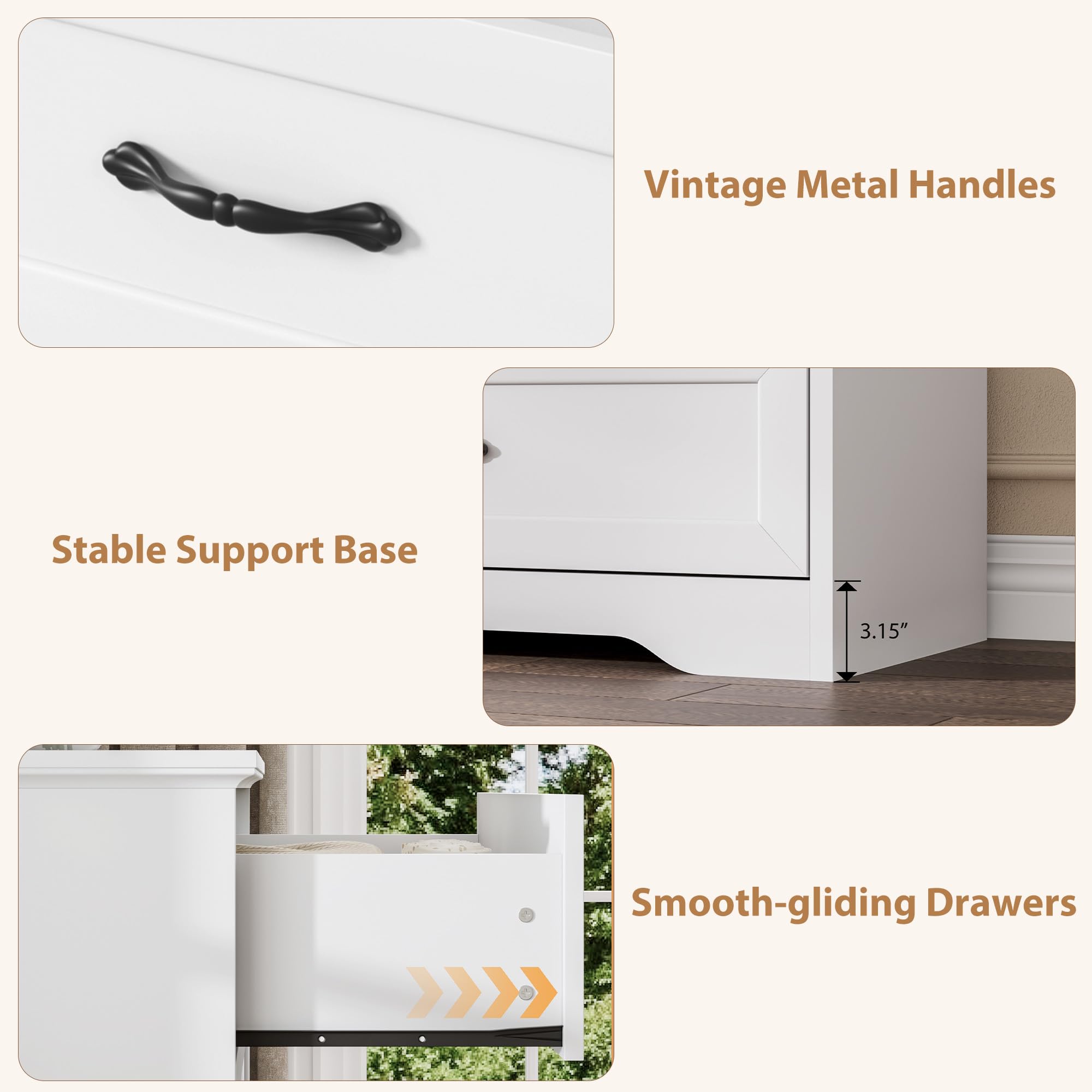 Vintage Metal Handles

Stable Support Base

Smooth-gliding Drawers

3.15"