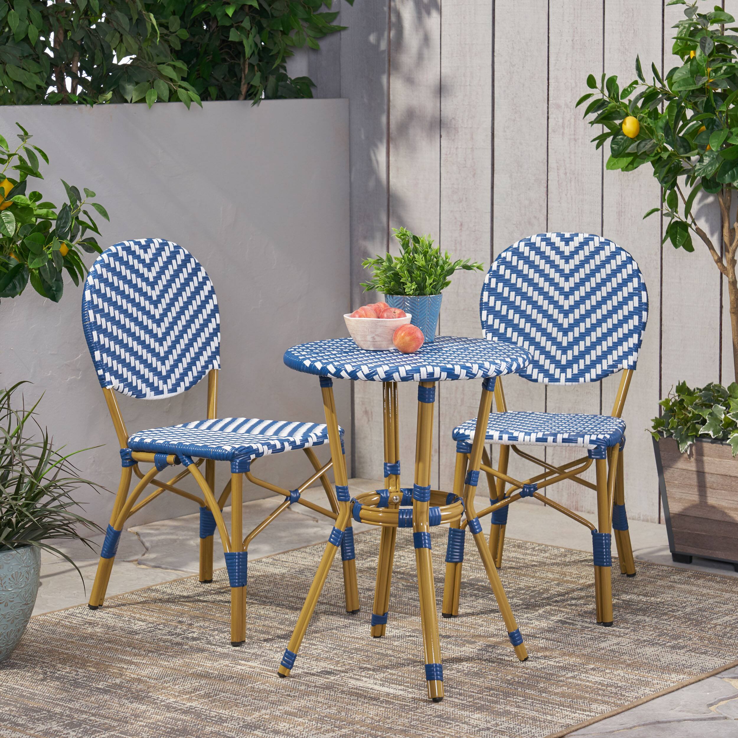 Back. APRILSOUL - French Bistro Set Aluminum Rattan 2 Chairs Table Bamboo Finish Patio Balcony - Navy Blue.