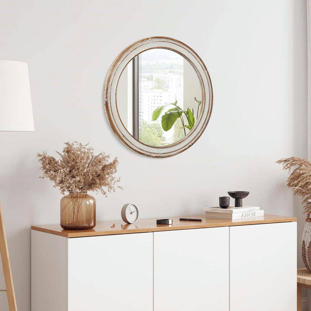Back. Kadyn - 27.5" Round Farmhouse Wooden Mirror with Whitewash Frame, Decorative Hanging Mirror for Entryway/Kitchen, Natural.