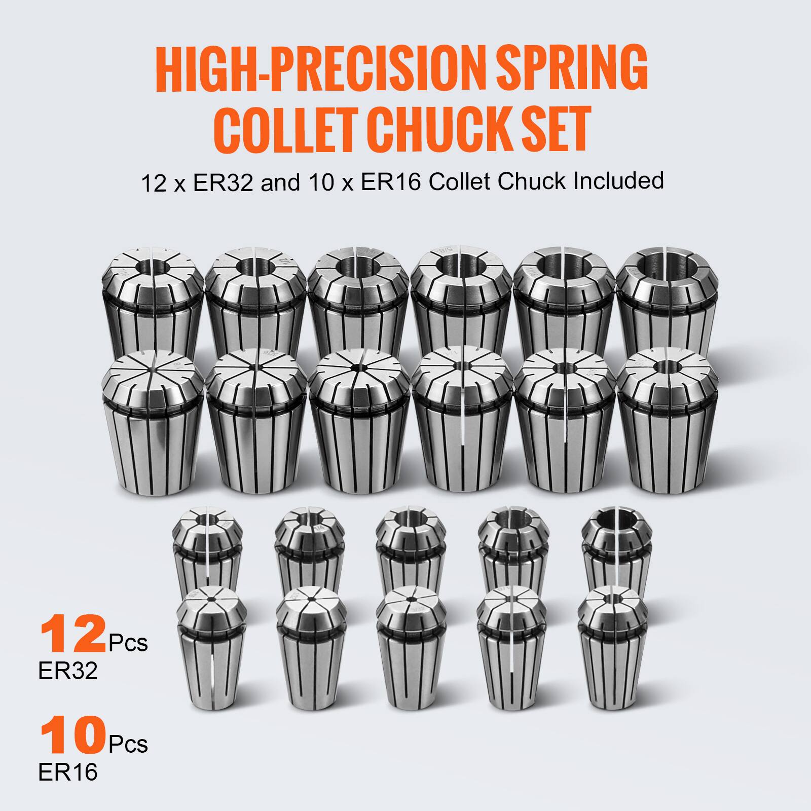HIGH-PRECISION SPRING COLLET CHUCK SET  
12 x ER32 and 10 x ER16 Collet Chuck Included  

12 Pcs ER32  
10 Pcs ER16