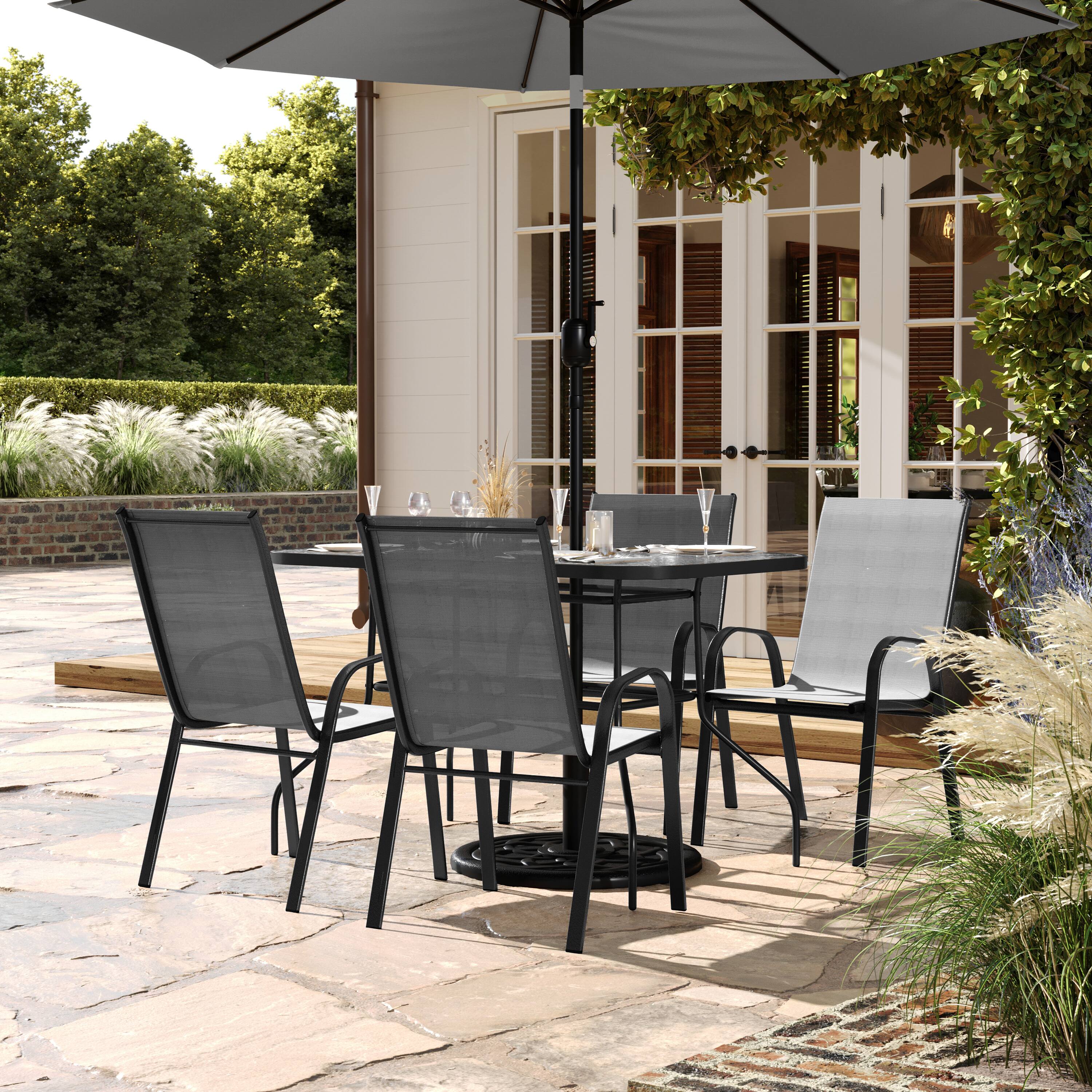 Alt View 1. Flash Furniture - Brazos 5 Piece Commercial Grade Patio Dining Set with Tempered Glass Patio Table with 4 Chairs with Gray Flex Comfort Ma - Gray.