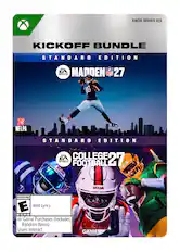 X SERIES XIS KICKOFF BUNDLE STANDARD EDITION EA SPORTS MADDEN NFL 27 STANDARD EDITION EA COLLEGE 27 SPORTS FOOTBALL REBS CADR MIAMI EVERYONE E Mild Lyrics ESRB In-Game Purchases (Includes Random Items) U Users Interact GAME