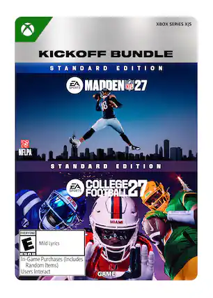 X SERIES XIS KICKOFF BUNDLE STANDARD EDITION EA SPORTS MADDEN NFL 27 STANDARD EDITION EA COLLEGE 27 SPORTS FOOTBALL REBS CADR MIAMI EVERYONE E Mild Lyrics ESRB In-Game Purchases (Includes Random Items) U Users Interact GAME - E (Everyone)