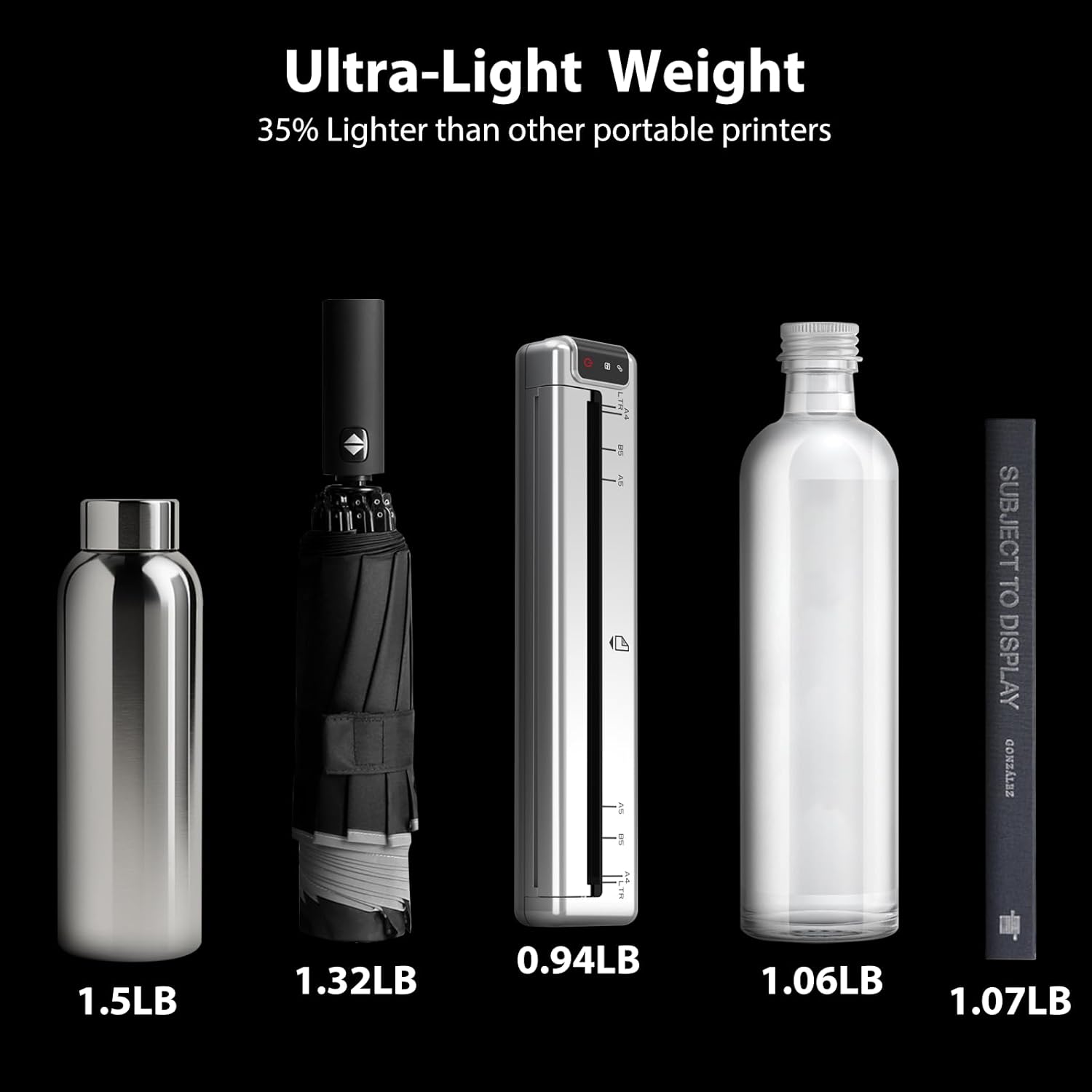 Ultra-Light Weight  
35% Lighter than other portable printers  

1.5LB  
1.32LB  
0.94LB  
1.06LB  
1.07LB  

SUBJECT TO DISPLAY