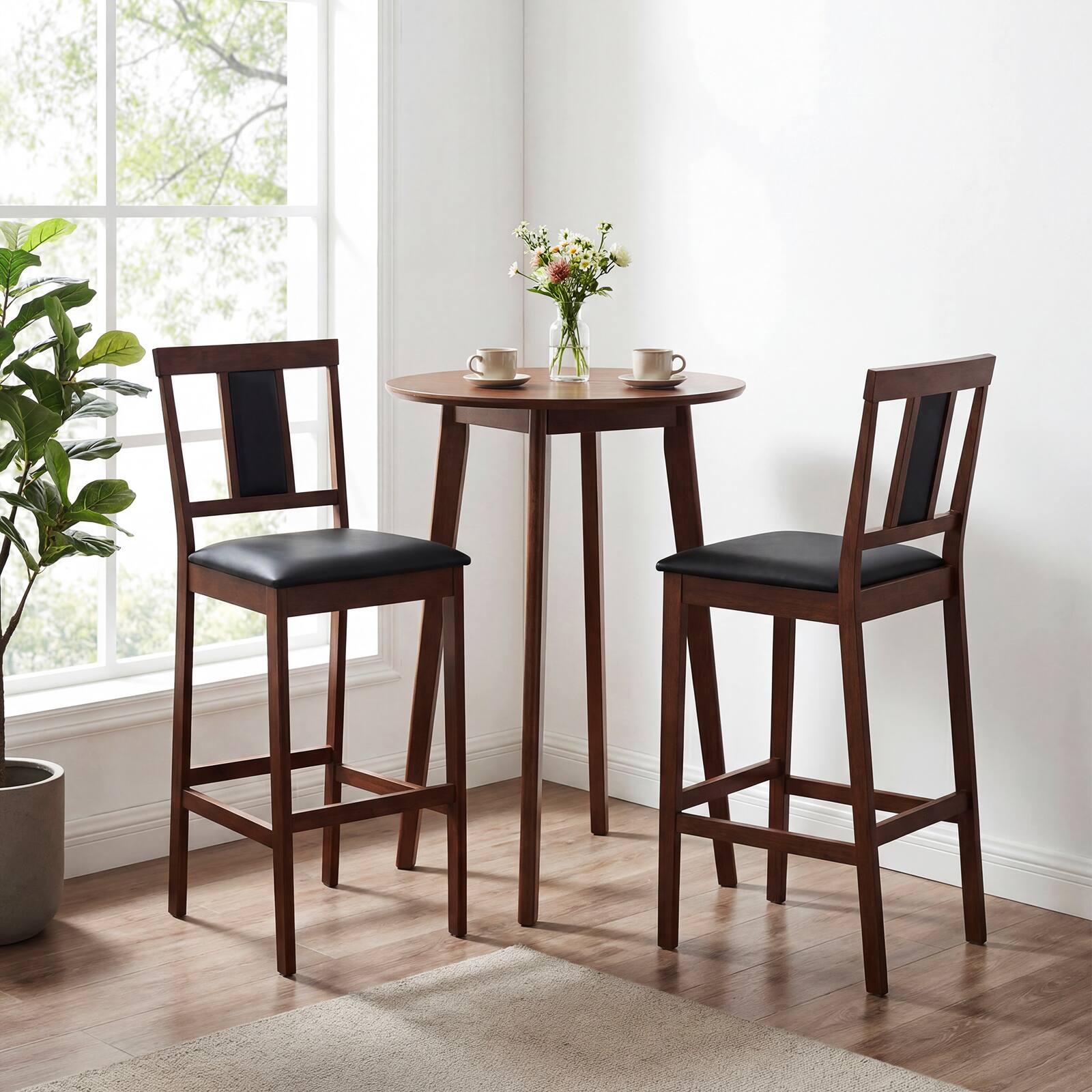 Alt View 3. Costway - Costway Upholstered Barstool Set of 2, Farmhouse 29.5" Bar Height Kitchen Island Stool - Walnut + Black.