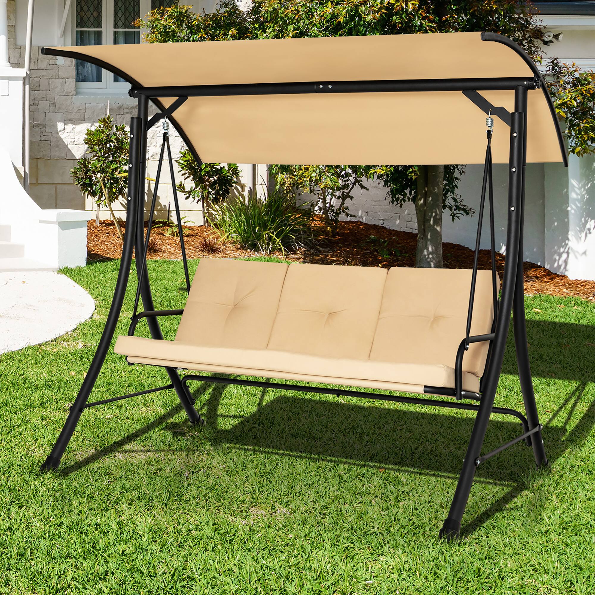 Alt View 2. Costway - Costway 3-Seat Outdoor Porch Swing Adjustable Canopy Padded Cushions Steel Frame - Beige.