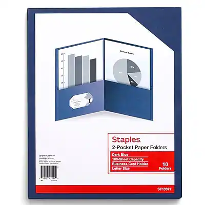 Staples
2-Pocket Paper Folders
Dark Blue
100-Sheet Capacity
Business Card Holder
Letter Size
10 Folders
ST13377