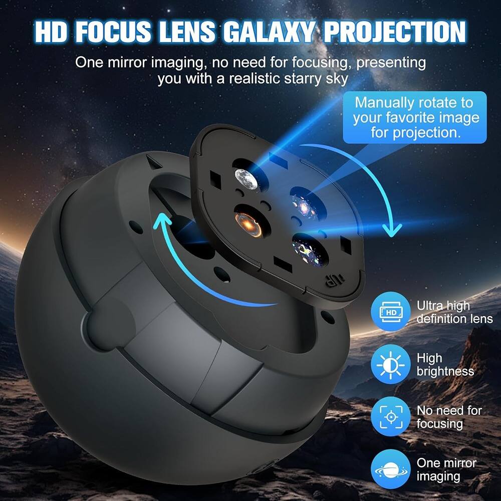 HD FOCUS LENS GALAXY PROJECTION

One mirror imaging, no need for focusing, presenting you with a realistic starry sky

Manually rotate to your favorite image for projection.

- Ultra high definition lens
- High brightness
- No need for focusing
- One mirror imaging