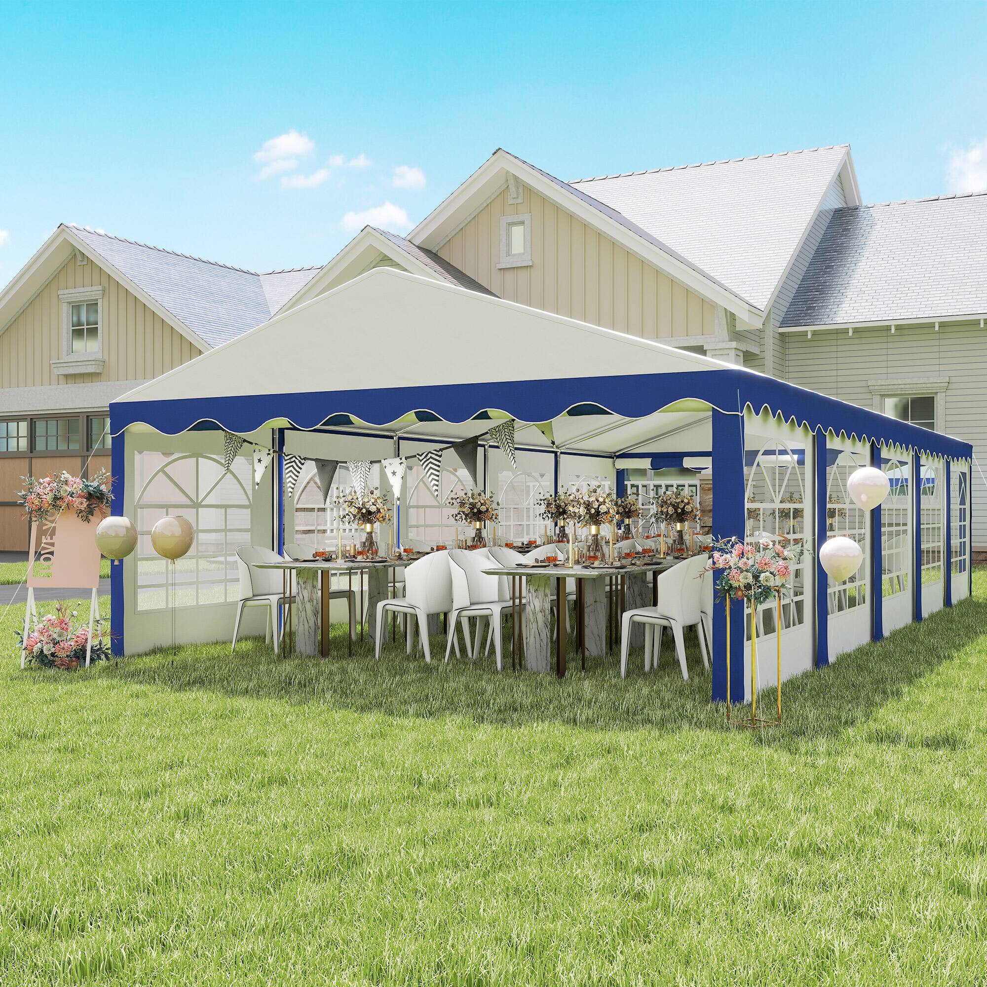 Alt View 1. Outsunny - 16.5' x 33' Party Tent, Heavy Duty Large Outdoor Canopy Tent Shelter with Removable Sidewalls - White and Blue.