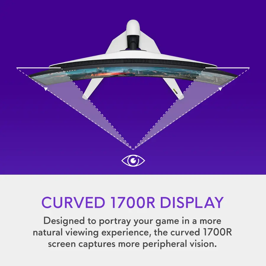 The image features a curved 1700R display designed to provide a more natural viewing experience by capturing more peripheral vision. This display is intended to portray your game in a way that feels more immersive and engaging.