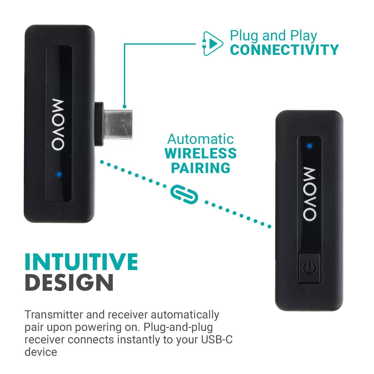 **Plug and Play CONNECTIVITY**

**Automatic WIRELESS PAIRING**

**INTUITIVE DESIGN**

Transmitter and receiver automatically pair upon powering on. Plug-and-plug receiver connects instantly to your USB-C device