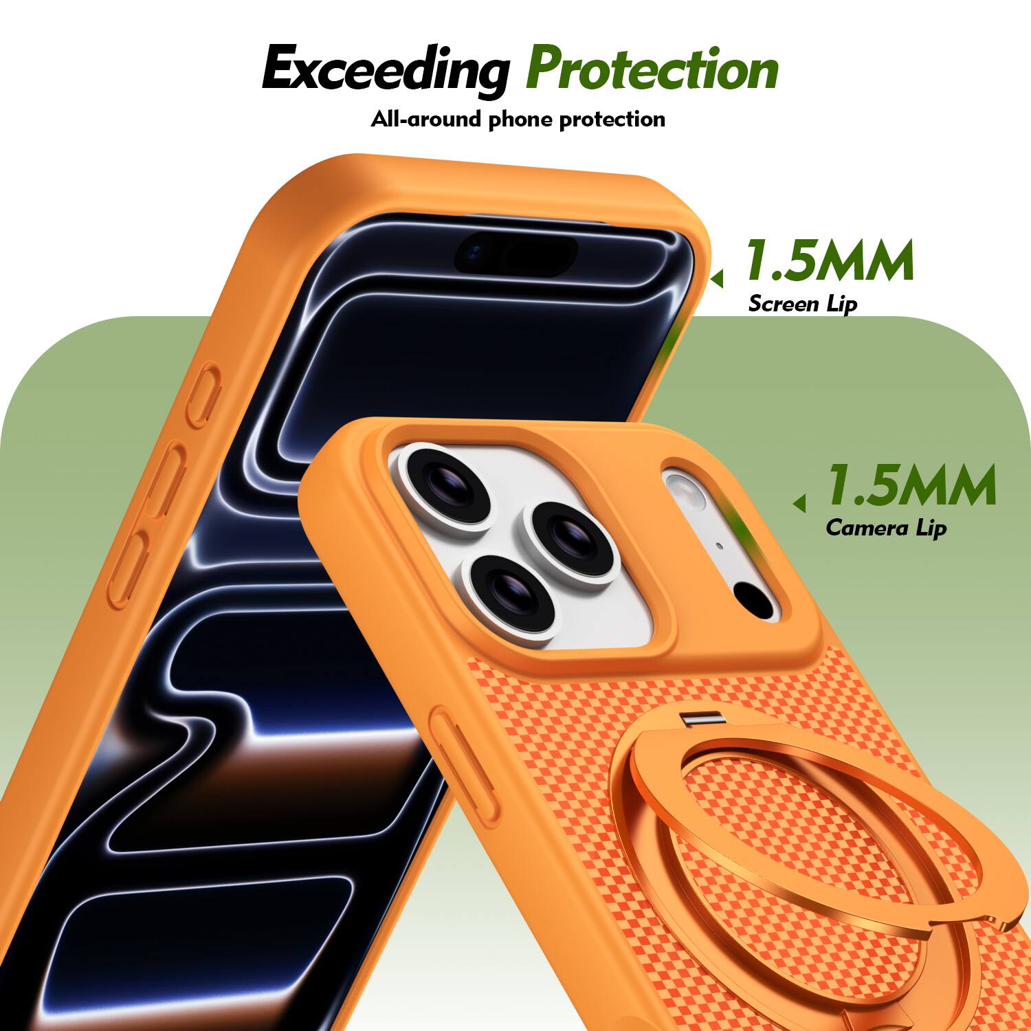 Exceeding Protection  
All-around phone protection  
1.5MM Screen Lip  
1.5MM Camera Lip