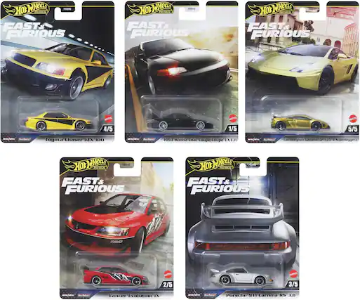 Hot Wheels Premium
Fast & Furious
1/5
1993 Honda Civic Coupe/Coupe EX EJ1
MATTEL
2/5
Lancer Evolution IX
MATTEL
3/5
Porsche 911 Carrera RS 3.8
MATTEL
4/5
Toyota Chaser JZX 100
MATTEL
5/5
Lamborghini Gallardo LP 570-4 Superleggera
MATTEL