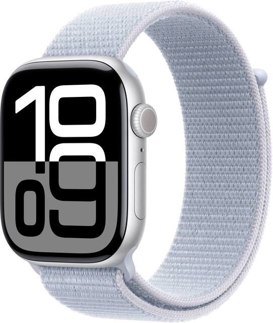 Apple Watch Series 10 GPS 46mm Aluminum Case with Blue Cloud Sport Loop Silver 2024 MWWN3LW A Best Buy