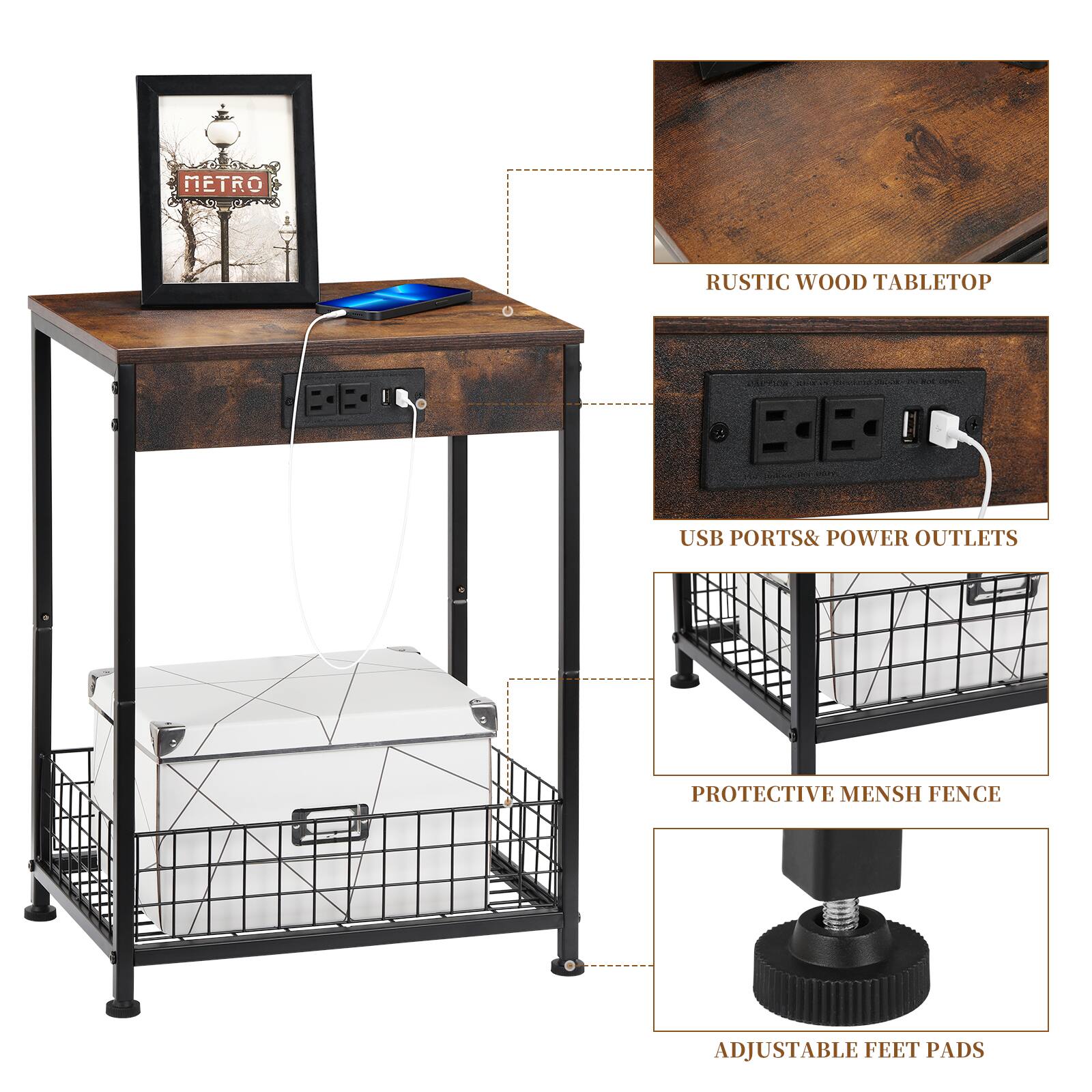 NETRO 1 RUSTIC WOOD TABLETOP USB PORTS & POWER OUTLETS PROTECTIVE MESH FENCE ADJUSTABLE FEET PADS