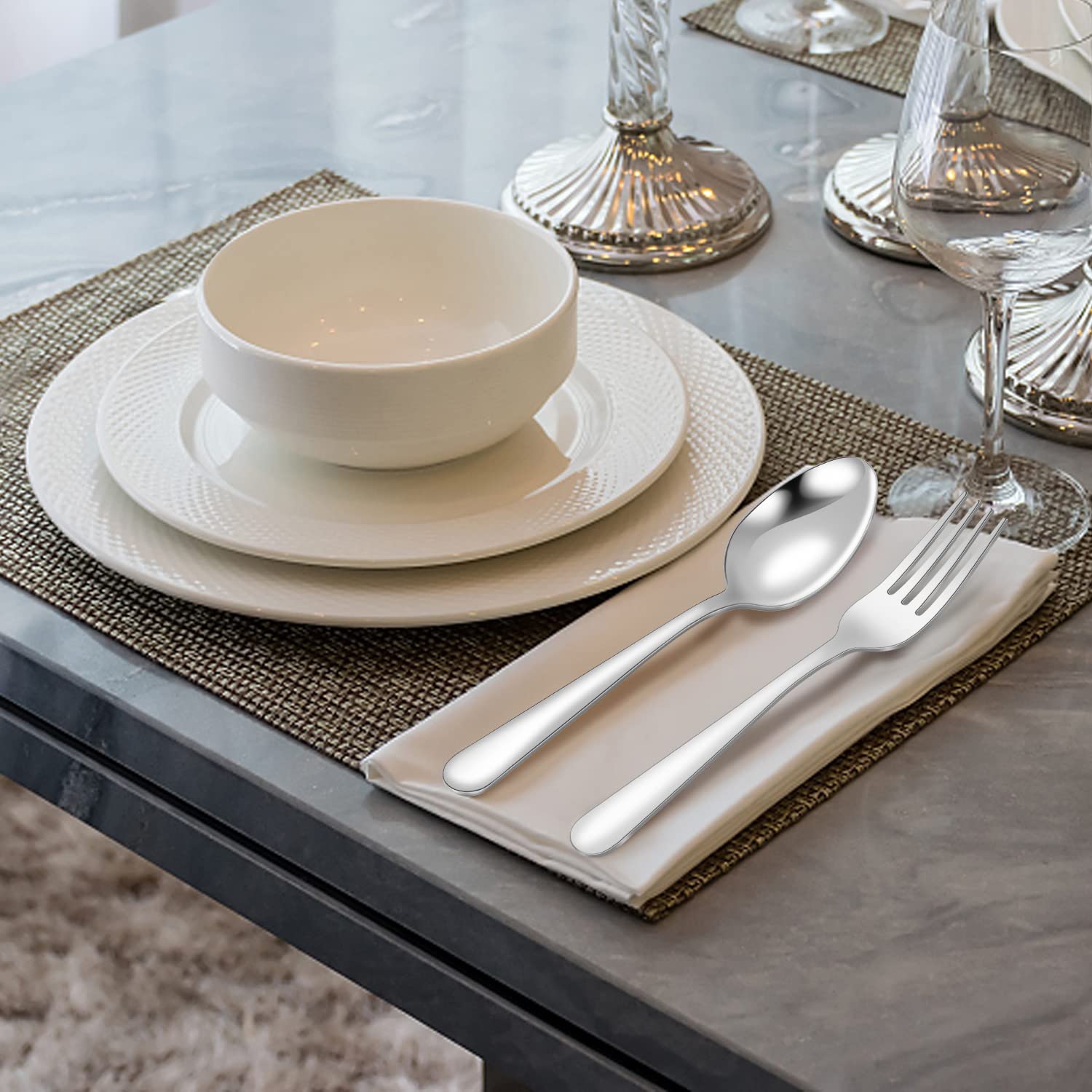 Alt View 2. Dazzed Corner - 24-piece Forks and Spoons Silverware Set,  Food Grade Stainless Steel Flatware Cutlery Set - Silver.