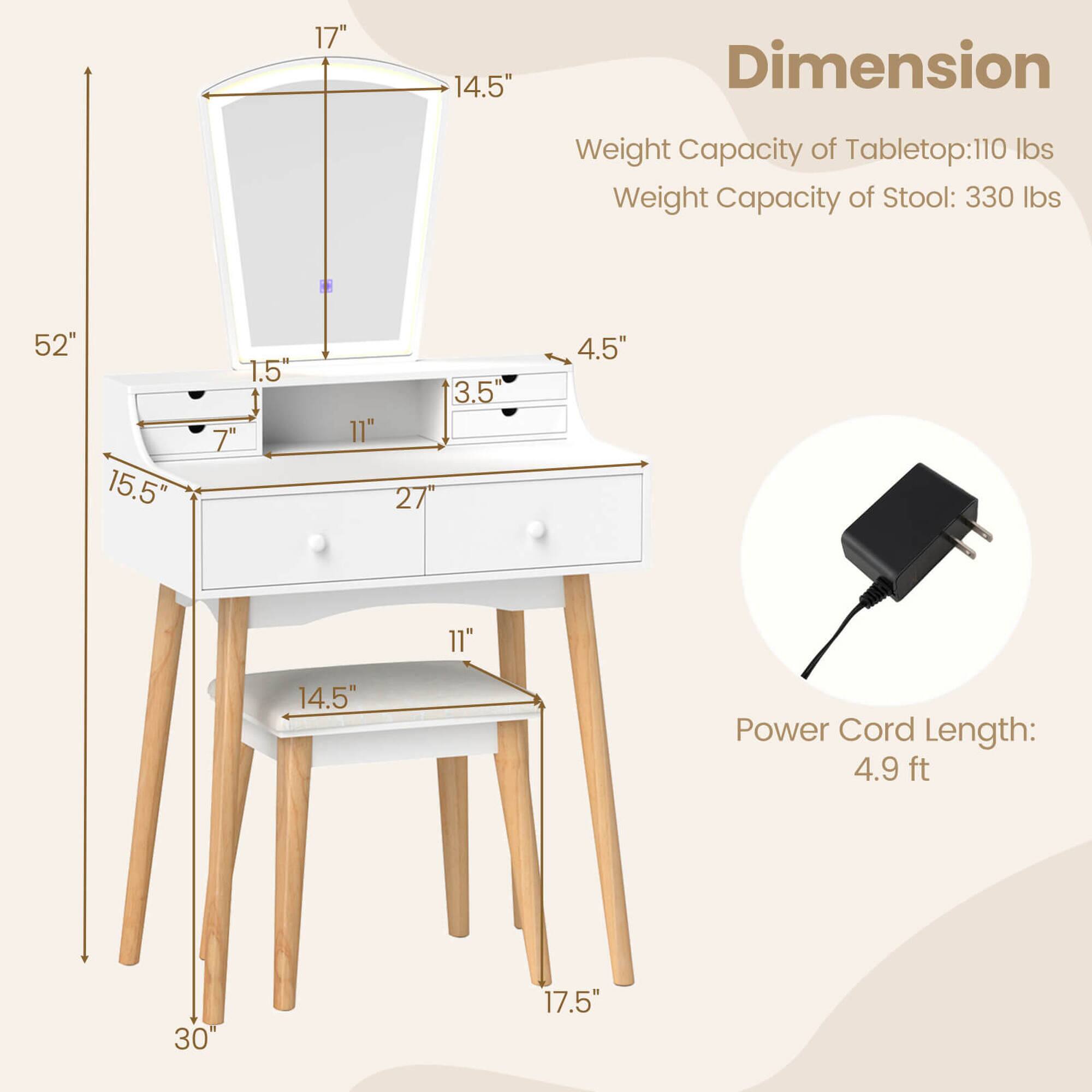 **Dimension**

- Weight Capacity of Tabletop: 110 lbs
- Weight Capacity of Stool: 330 lbs

- 17"
- 14.5"
- 52"
- 1.5"
- 3.5"
- 4.5"
- 15.5"
- 27"
- 11"
- 14.5"
- 30"
- 17.5"

**Power Cord Length: 4.9 ft**