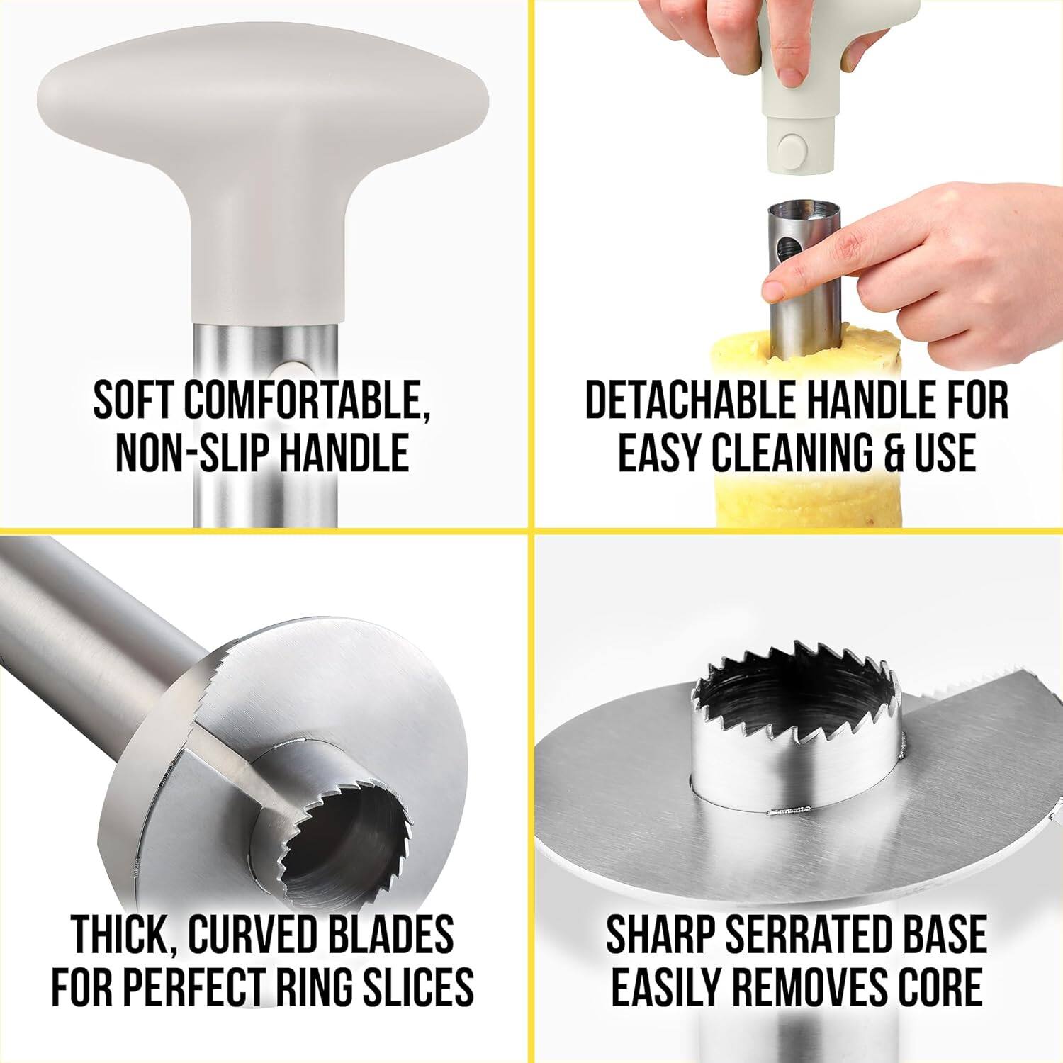 Here is the corrected and grouped text:

- Soft, comfortable, non-slip handle
- Detachable handle for easy cleaning and use
- Thick, curved blades for perfect ring slices
- Sharp serrated base easily removes core
