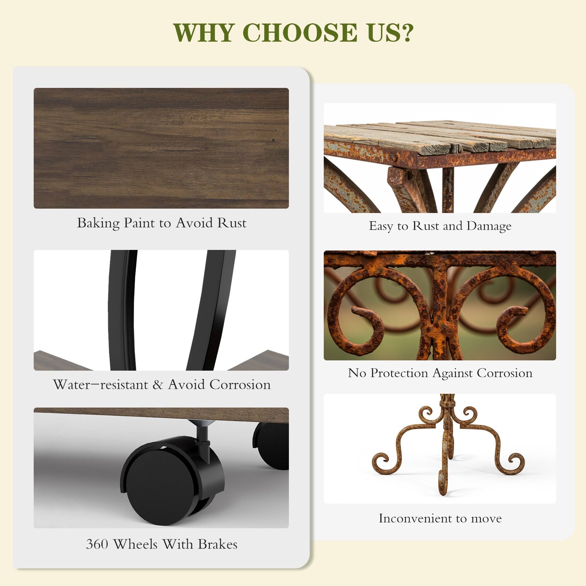 WHY CHOOSE US?

- Baking Paint to Avoid Rust
- Water-resistant & Avoid Corrosion
- 360 Wheels With Brakes
- Easy to Rust and Damage
- No Protection Against Corrosion
- Inconvenient to move
