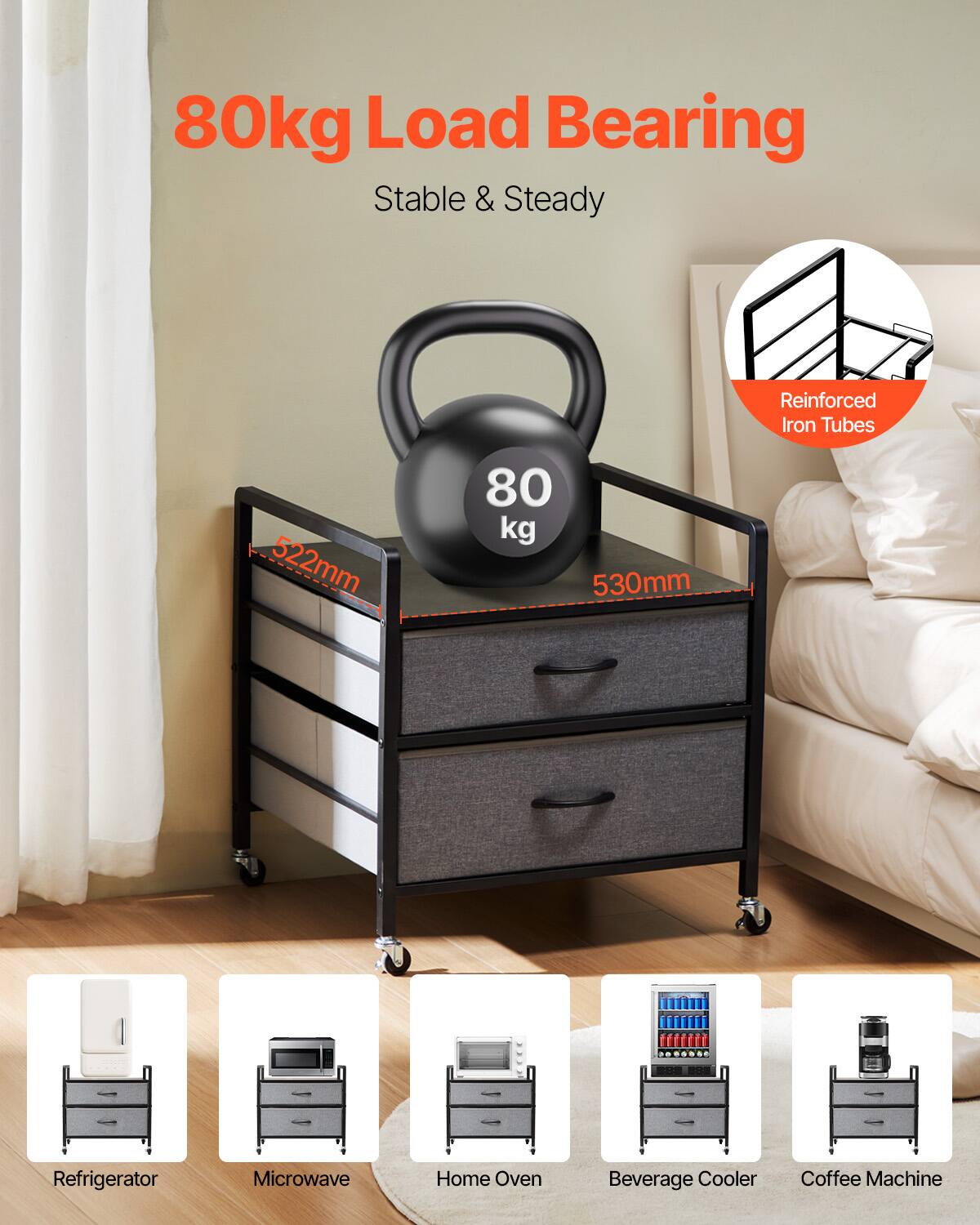 80kg Load Bearing Stable & Steady Reinforced Iron Tubes 522mm 80 kg 530mm

Refrigerator
Microwave
Home Oven
Beverage Cooler
Coffee Machine