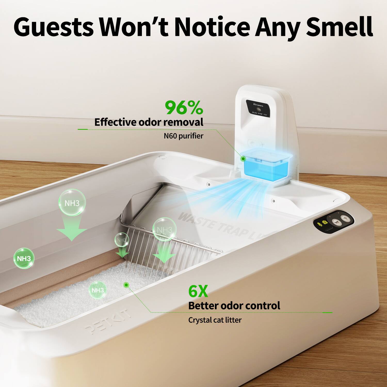 Guests Won't Notice Any Smell

96% Effective odor removal  
N60 purifier

6X Better odor control  
Crystal cat litter