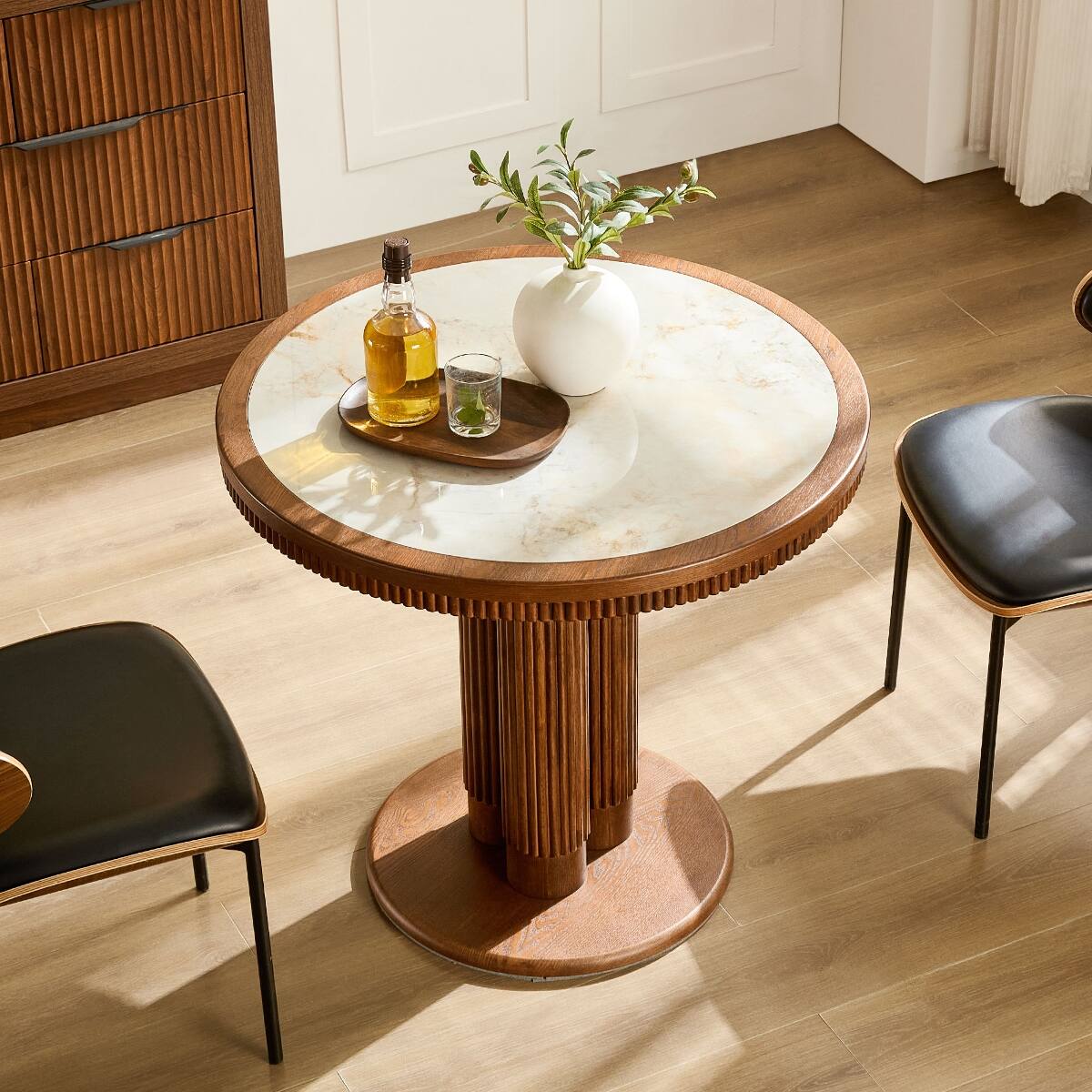 Loheer 33 Inch Round Dining Table with Sintered Stone Top and Fluted ...