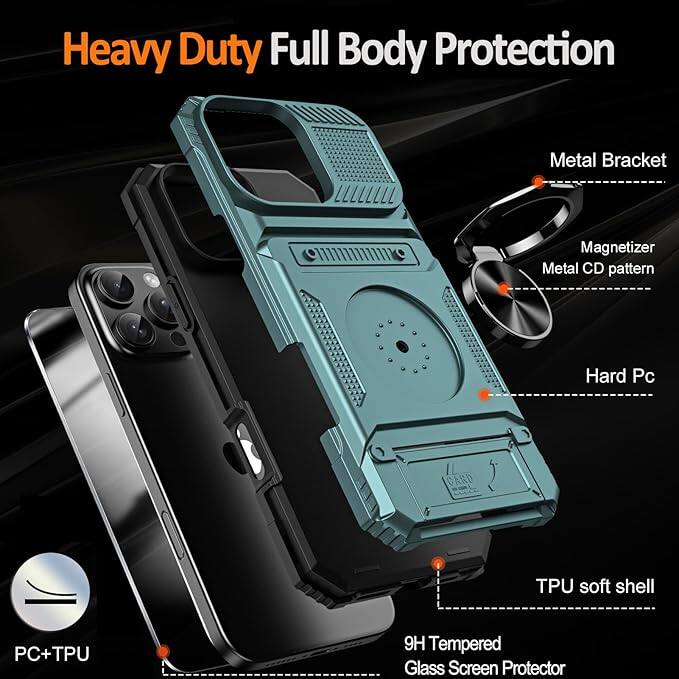 Heavy Duty Full Body Protection

- Metal Bracket
- Magnetizer
- Metal CD pattern
- Hard Pc
- TPU soft shell
- 9H Tempered Glass Screen Protector
- PC+TPU