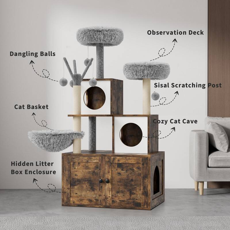 Observation Deck  
Dangling Balls  
Sisal Scratching Post  
Cozy Cat Cave  
Cat Basket  
Hidden Litter Box Enclosure