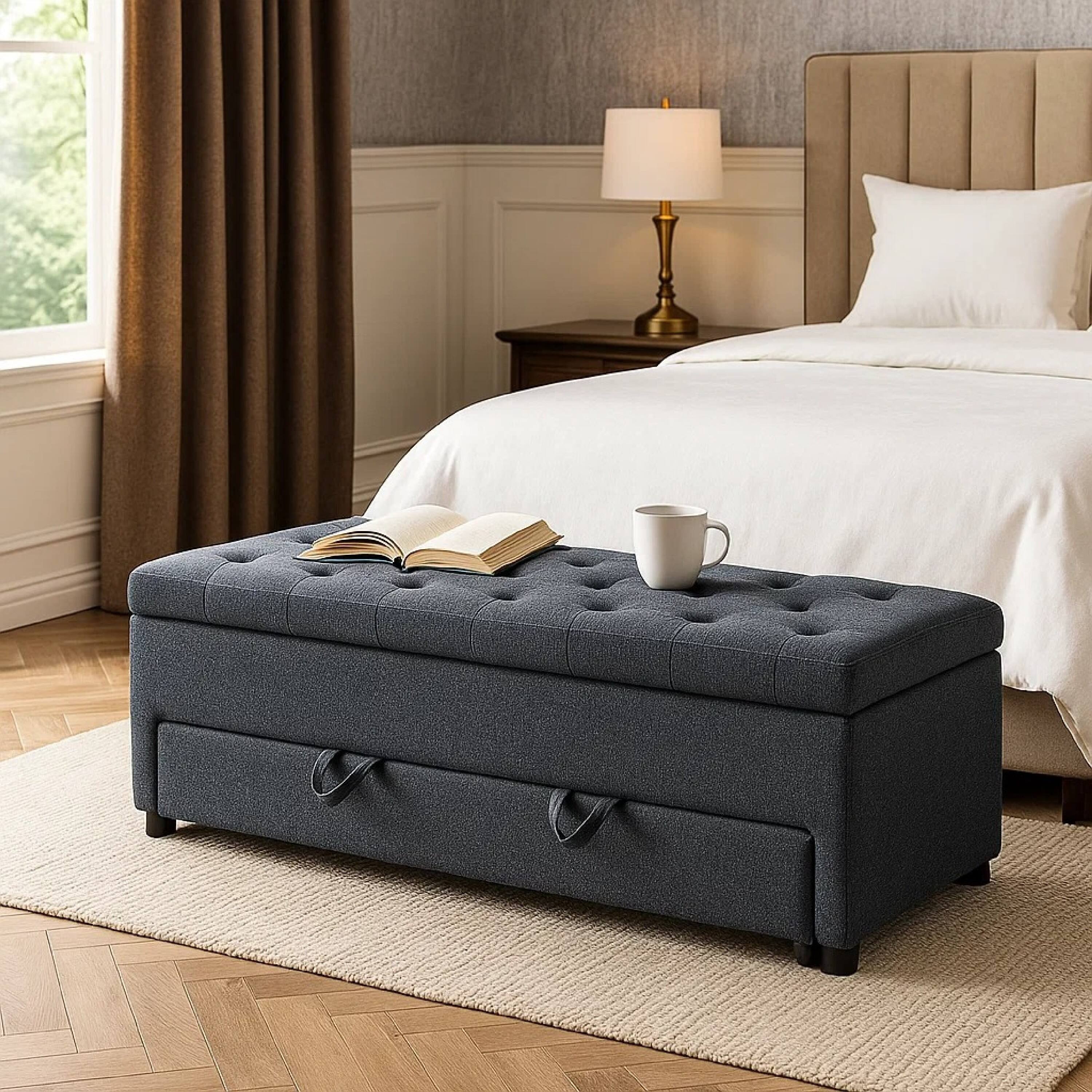 Alt View 6. Manhattan Lane - Kenny Ottoman, Underseat Drawer, Blue-Gray Button Tufted Boucle, 60 Inch - Blue Gray, Black.